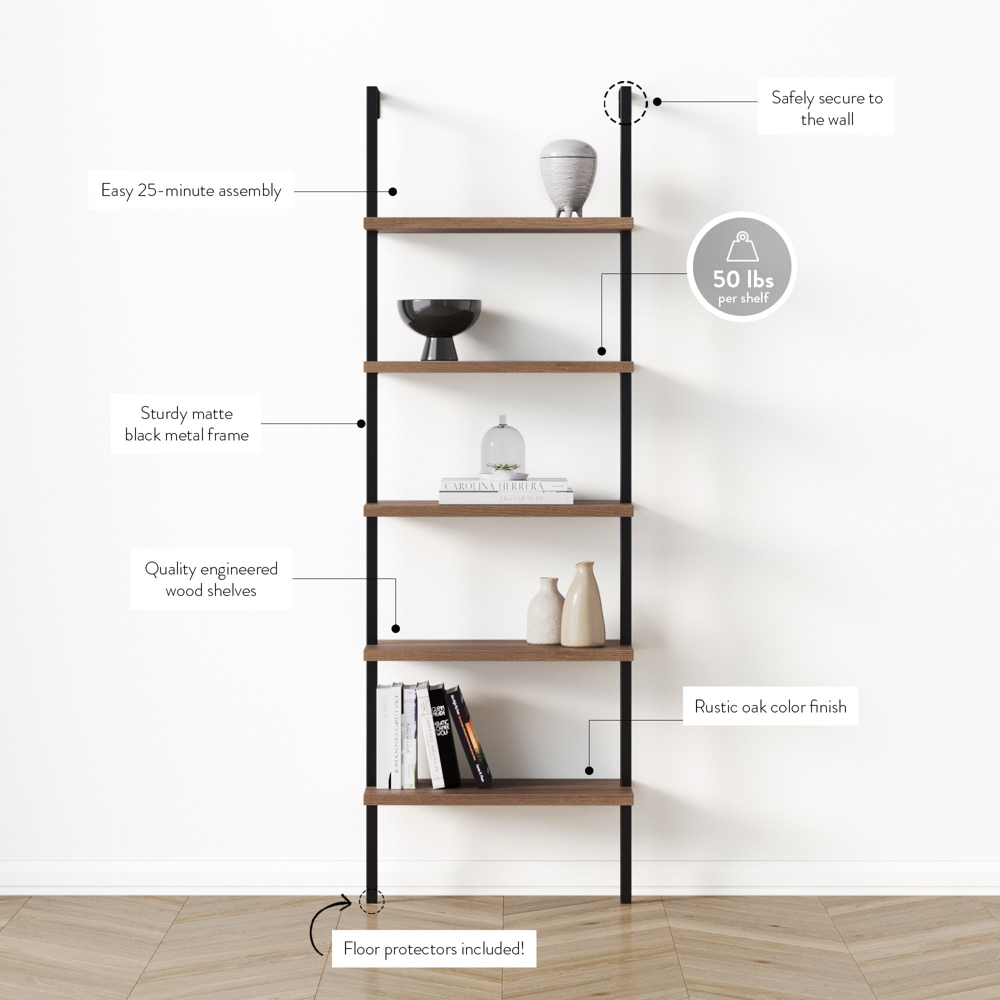 5-Shelf Ladder Bookshelf Oak Matte Black (Set of 3)