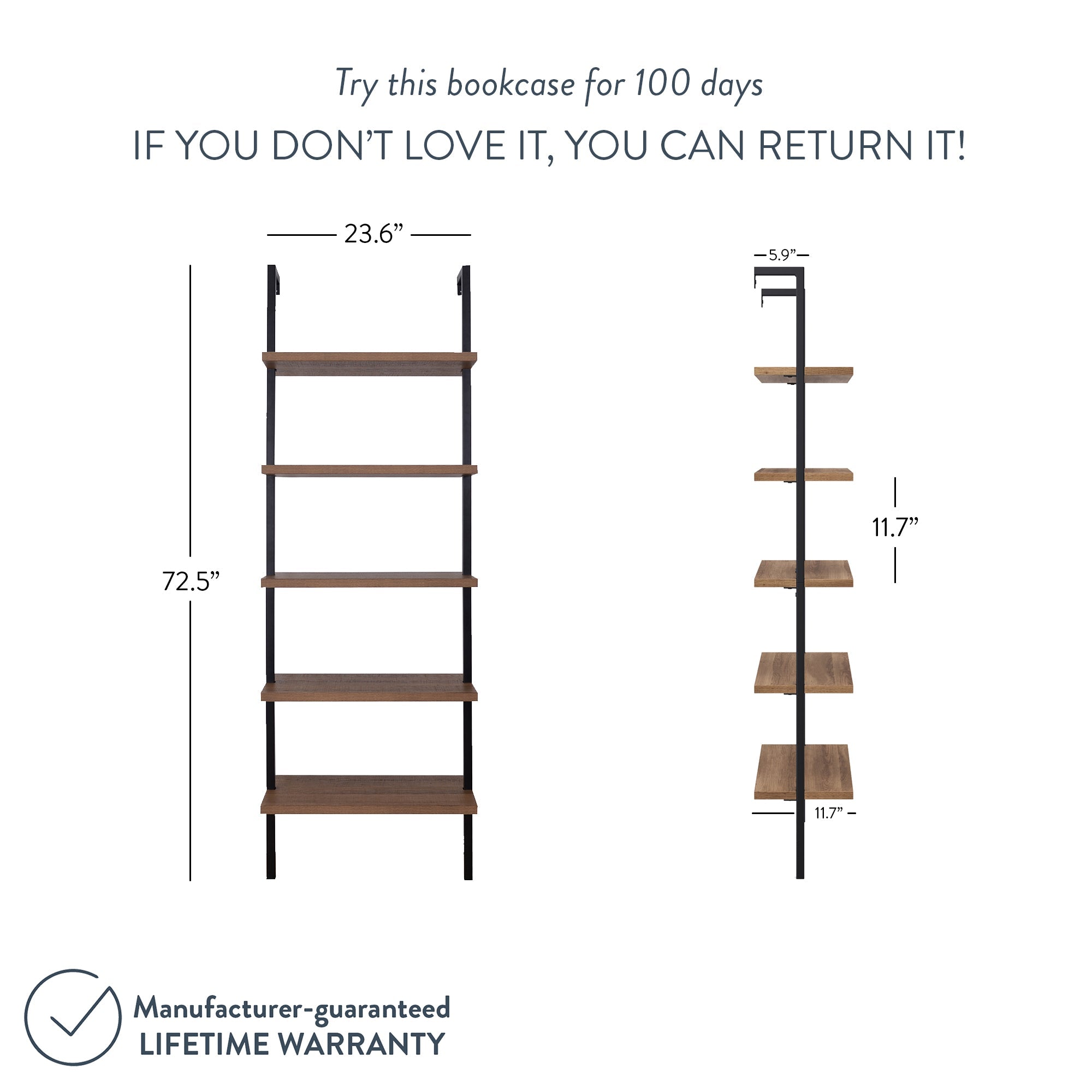 5-Shelf Ladder Bookshelf Oak Matte Black (Set of 3)