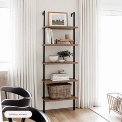 5-Shelf Ladder Bookshelf Oak Matte Black (Set of 2)