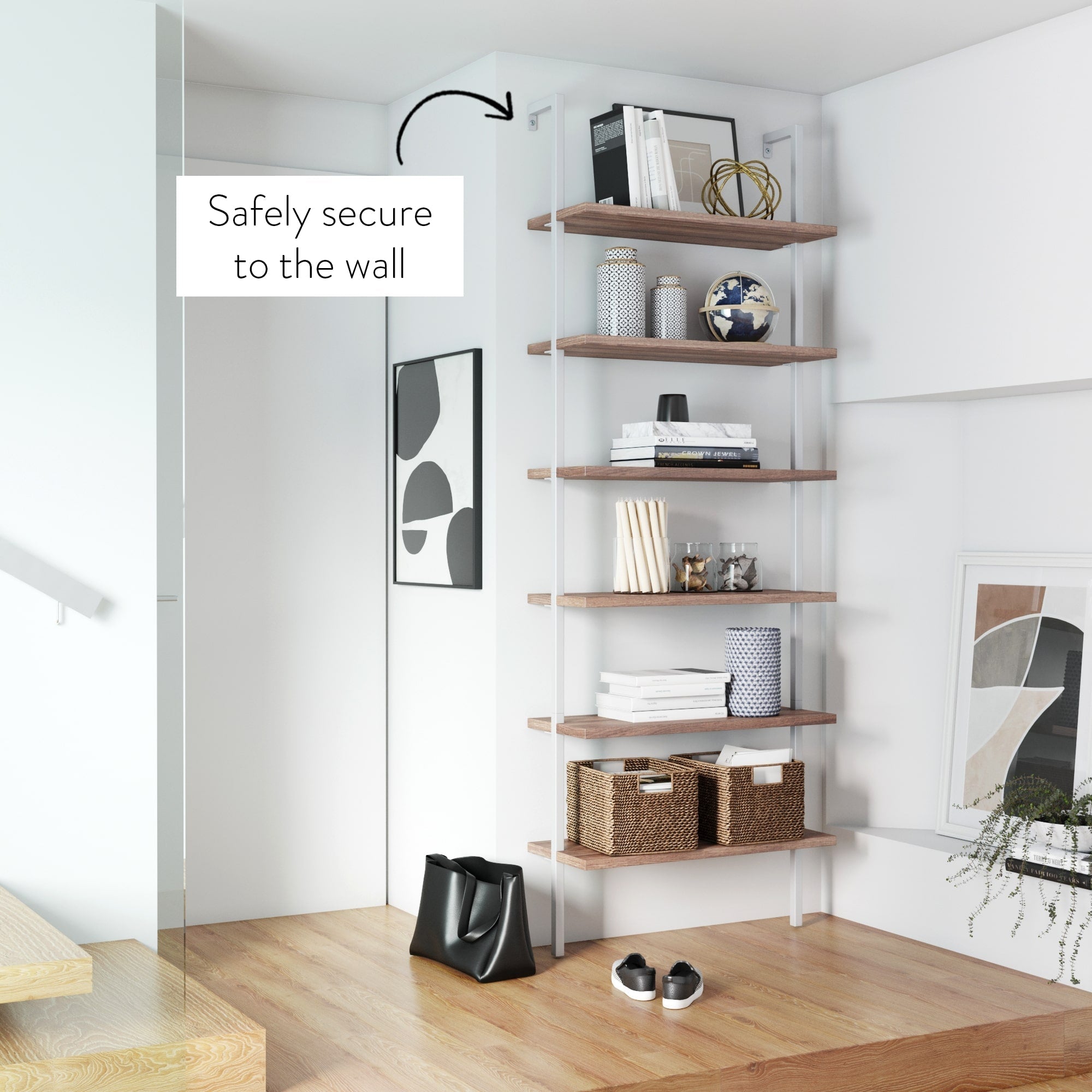6-Shelf Ladder Bookshelf Oak Matte White