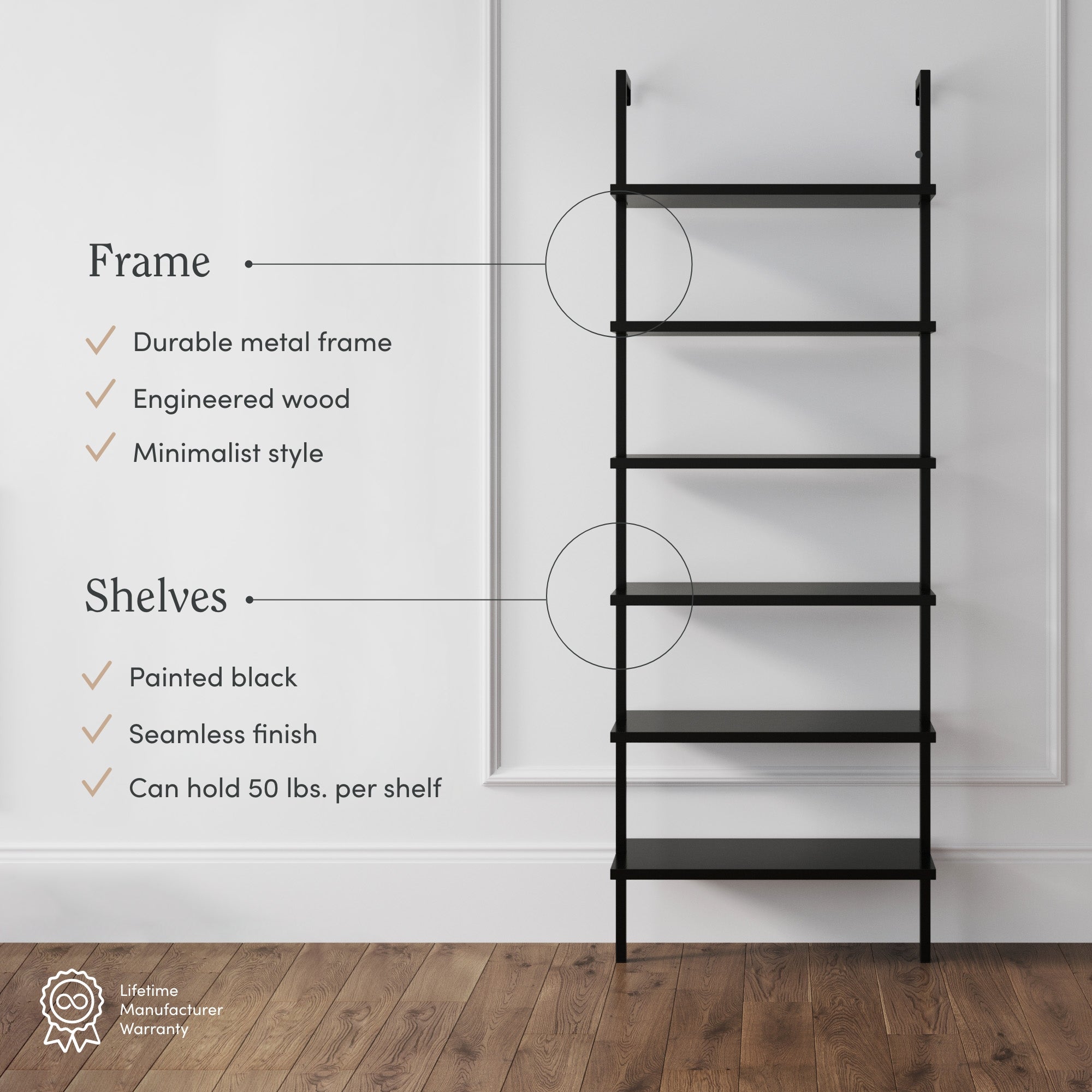 6-Shelf Wall Mount Bookshelf Black (Set of 3)