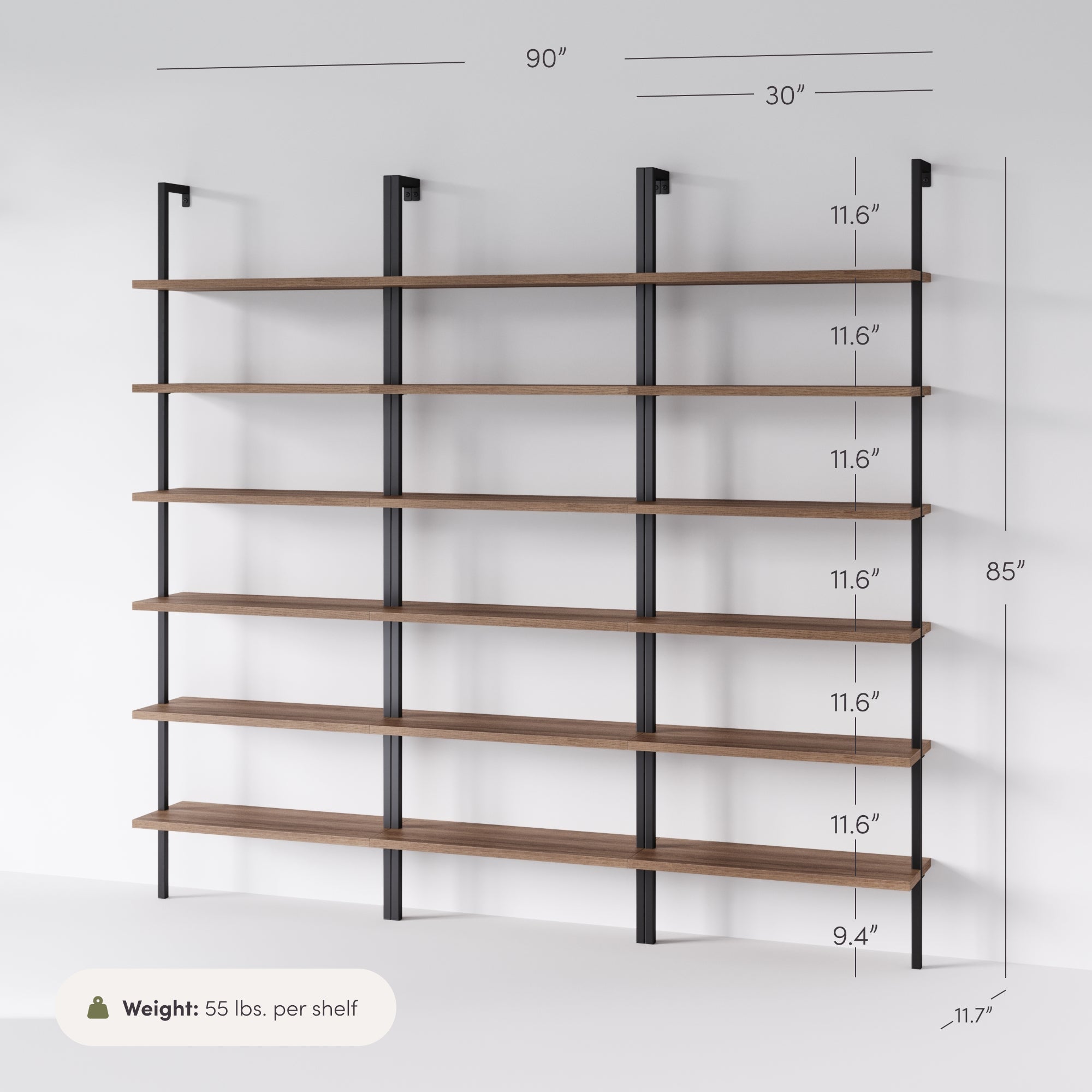 6-Shelf Bookcase Oak Matte Black (Set of 3)