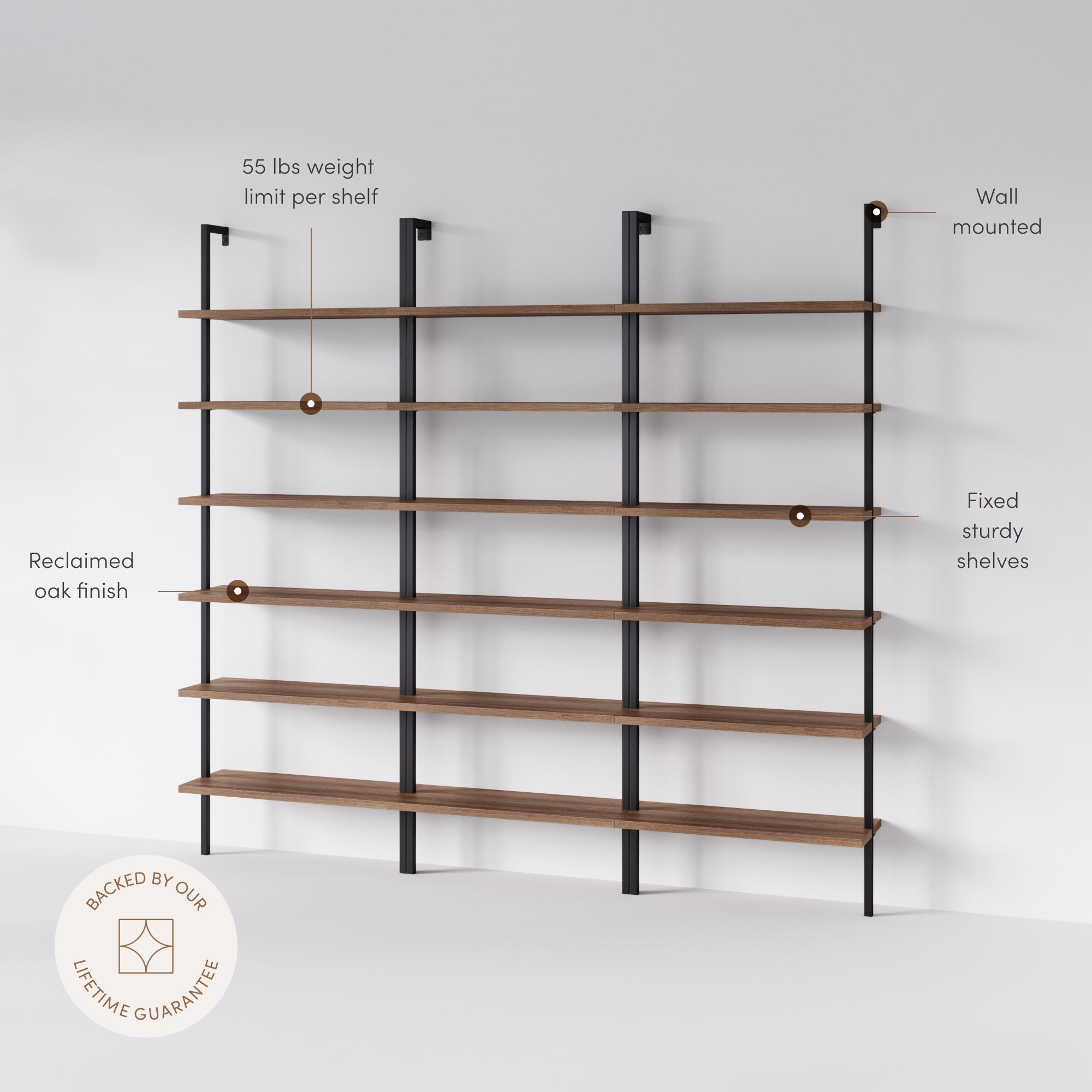 6-Shelf Bookcase Oak Matte Black (Set of 3)