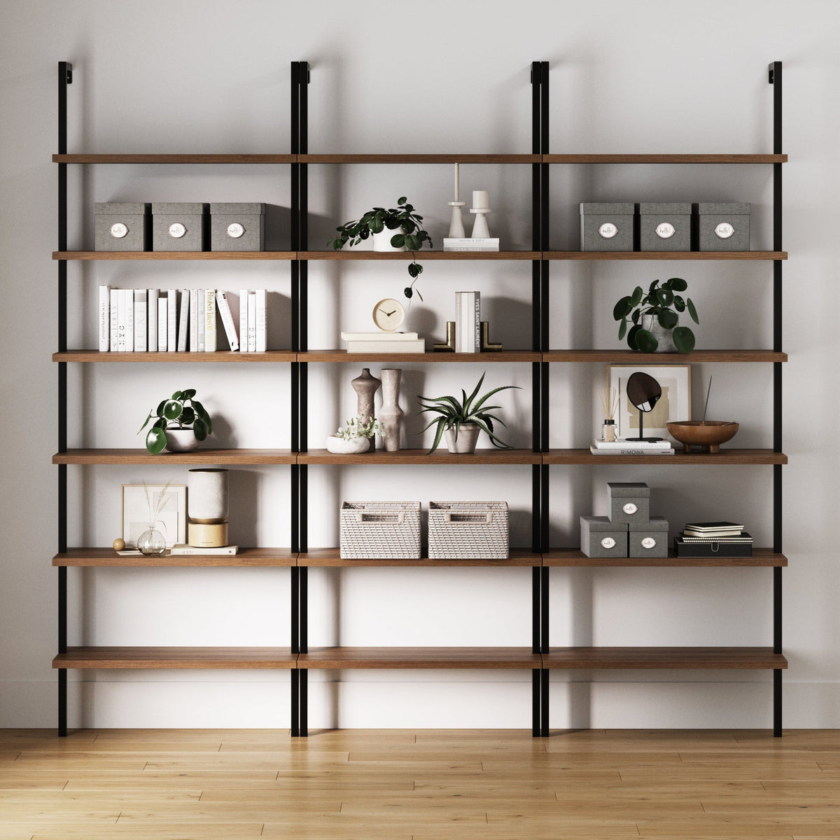 6-Shelf Bookcase Oak Matte Black (Set of 3)