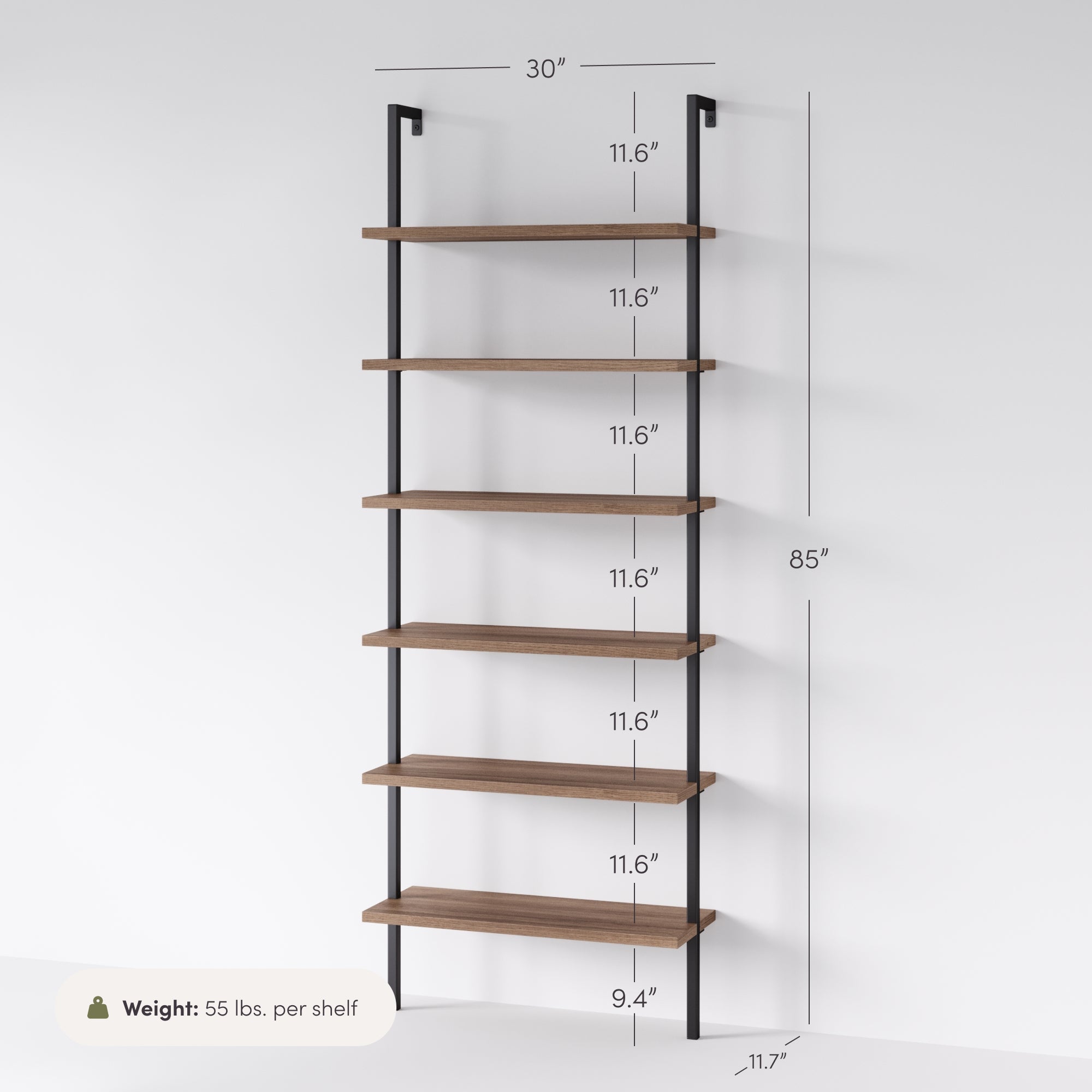 6-Shelf Ladder Bookshelf Oak Matte Black
