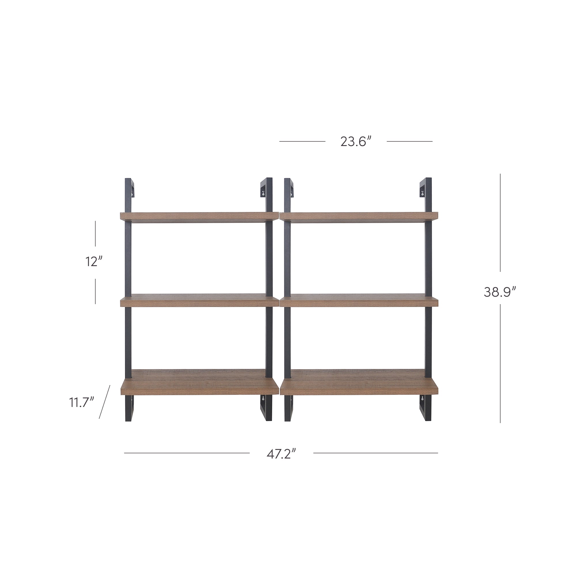3-Shelf Ladder Bookshelf Oak Matte Black (Set of 2)