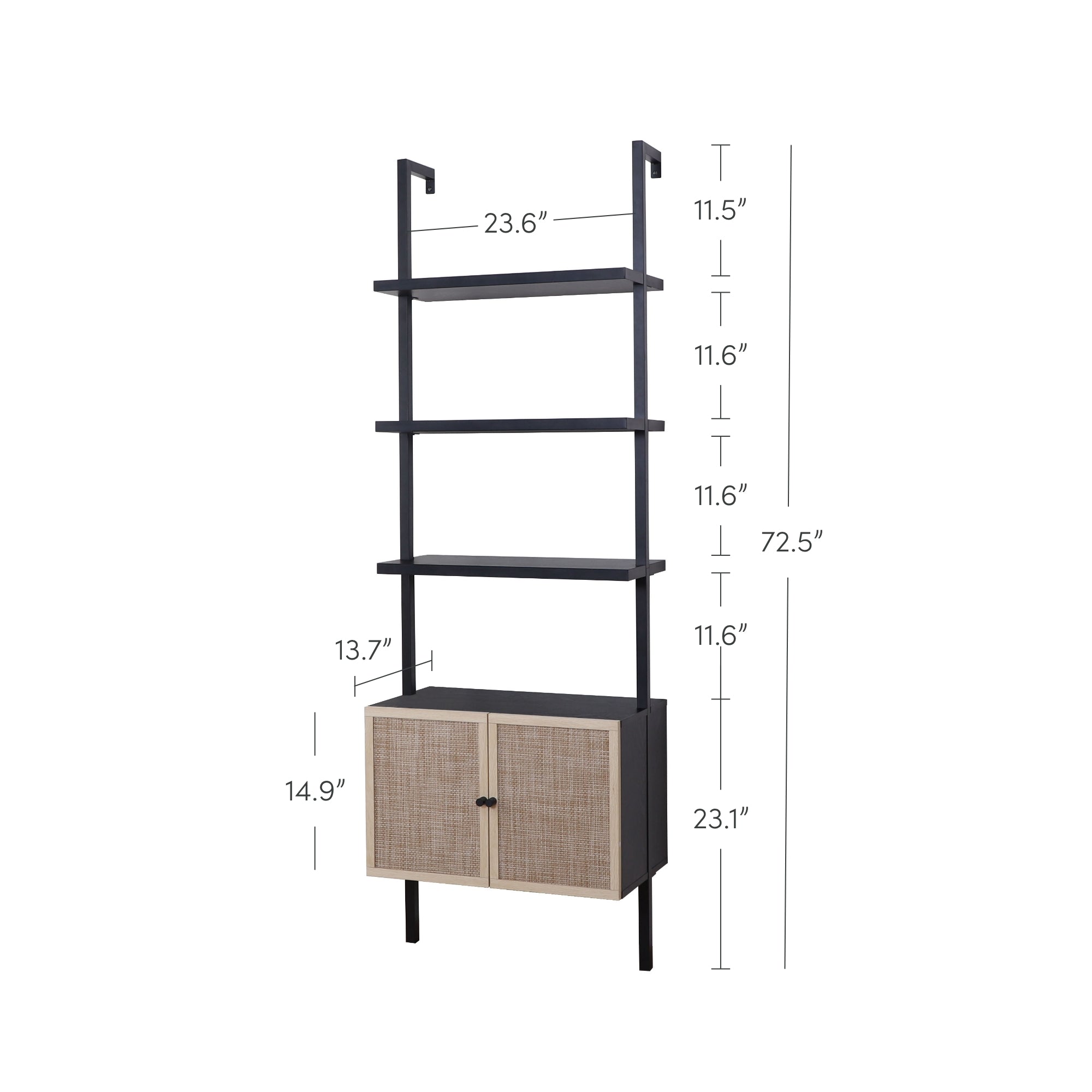 Rattan Ladder Wall Bookshelves with Doors Black (Set of 3)