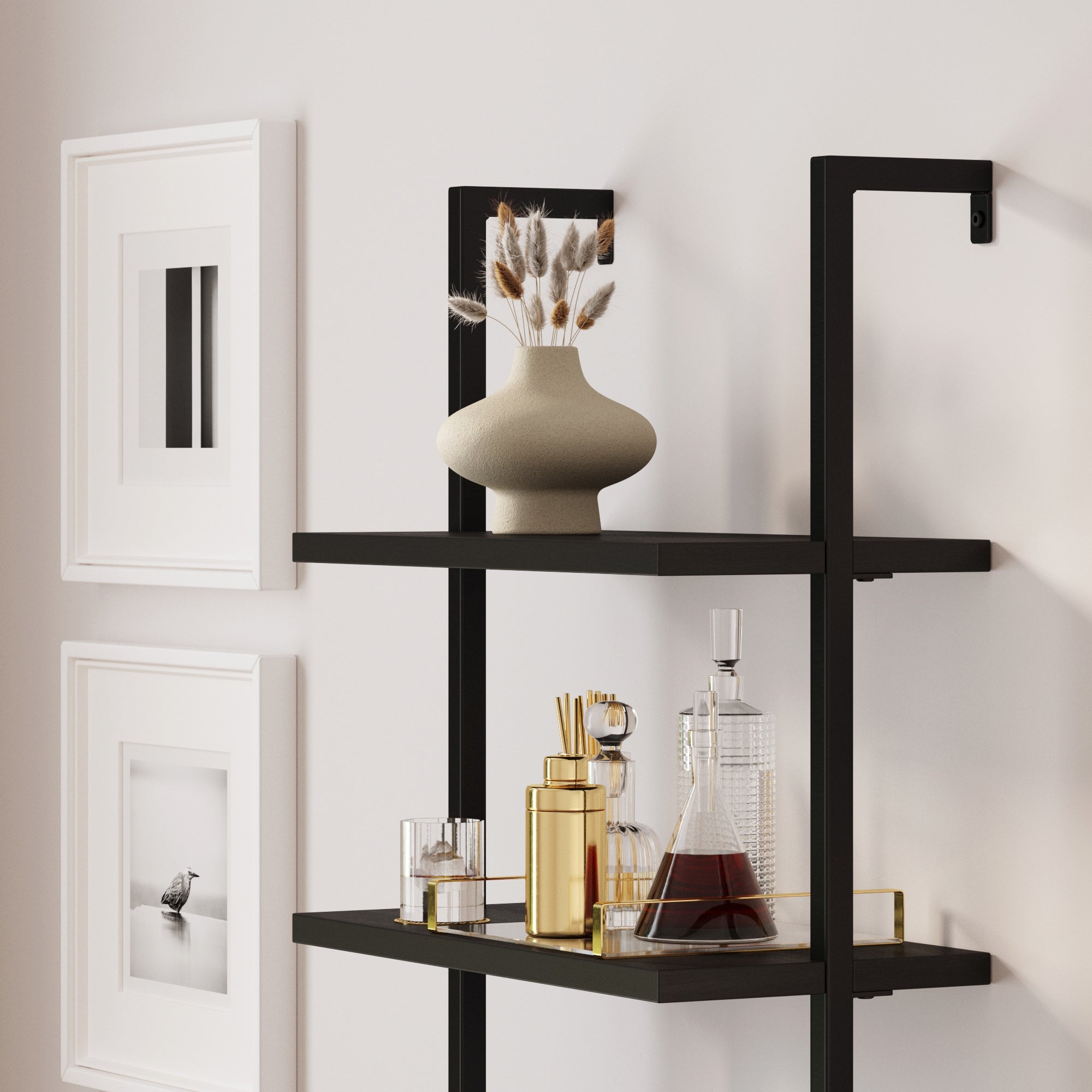 Rattan Ladder Wall Bookshelves with Doors Black (Set of 4)