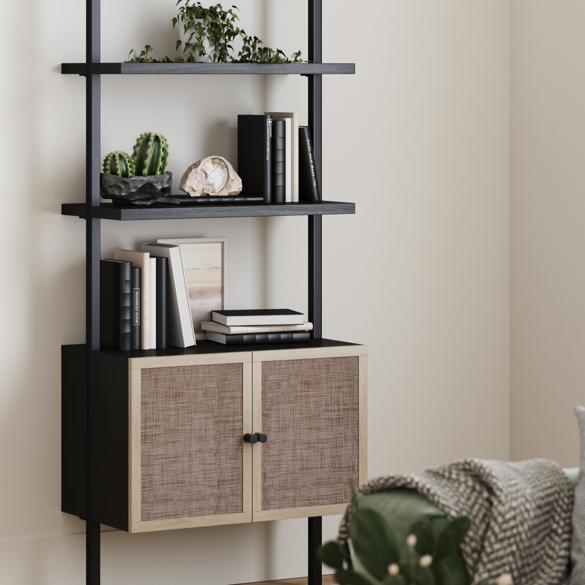 Rattan Ladder Wall Bookshelves with Doors Black (Set of 2)