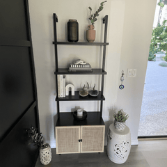Rattan Ladder Storage Bookshelf with Doors Black