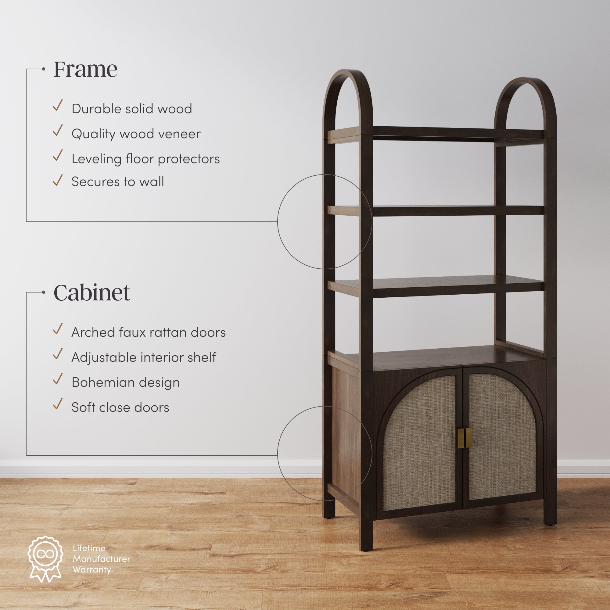 Arched Door Rattan Bookshelf with Doors Dark Acacia