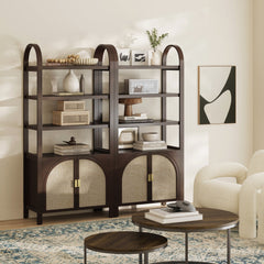 Arched Door Rattan Bookshelf with Doors Dark Acacia
