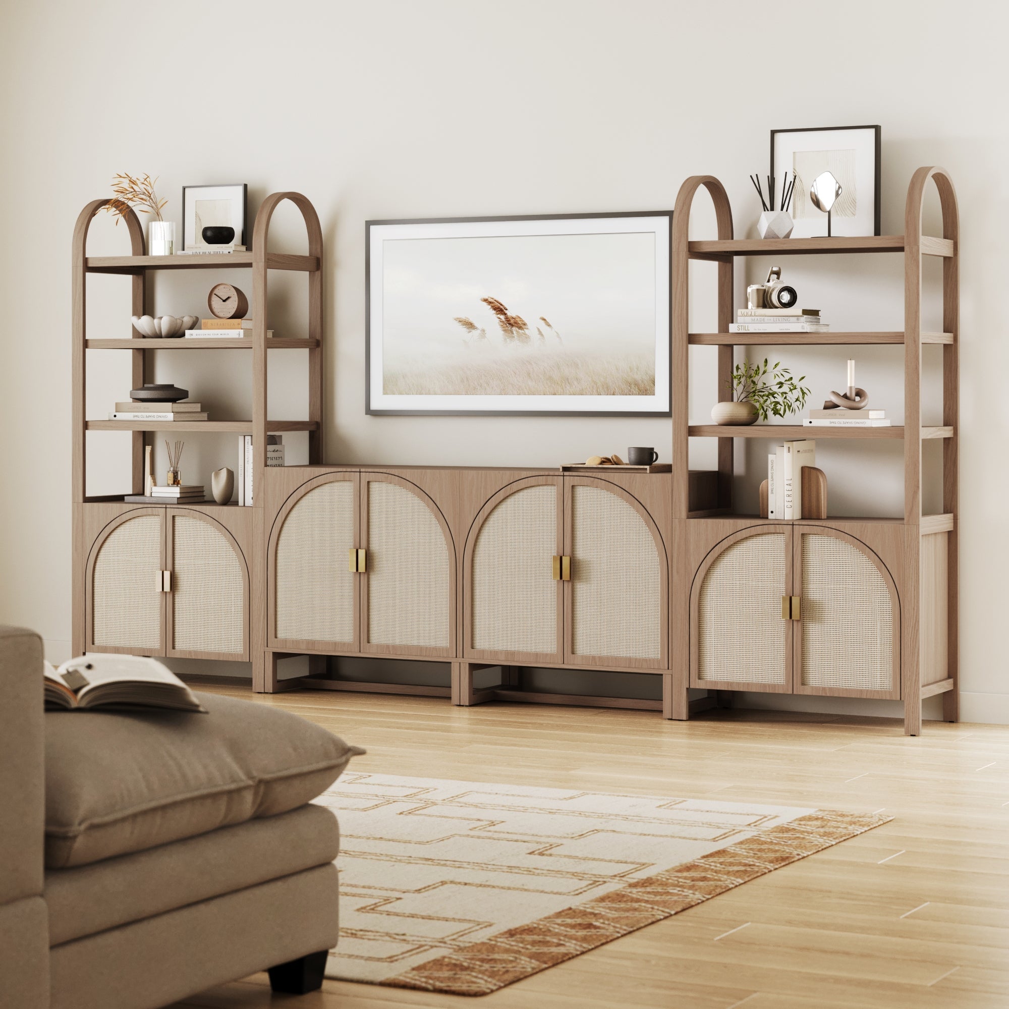 Arched Door Rattan Bookshelf with Doors Raw Oak