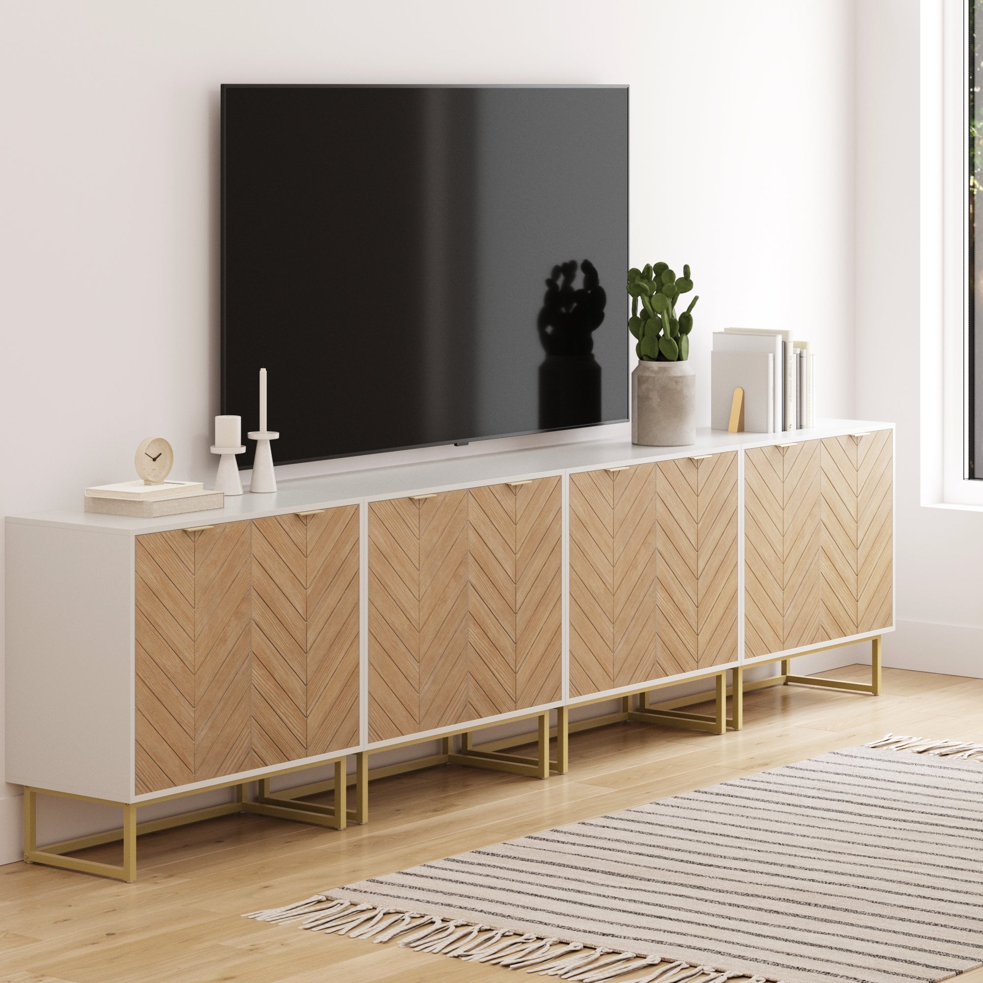 Large Herringbone Kitchen Storage Credenza White (Set of 4)