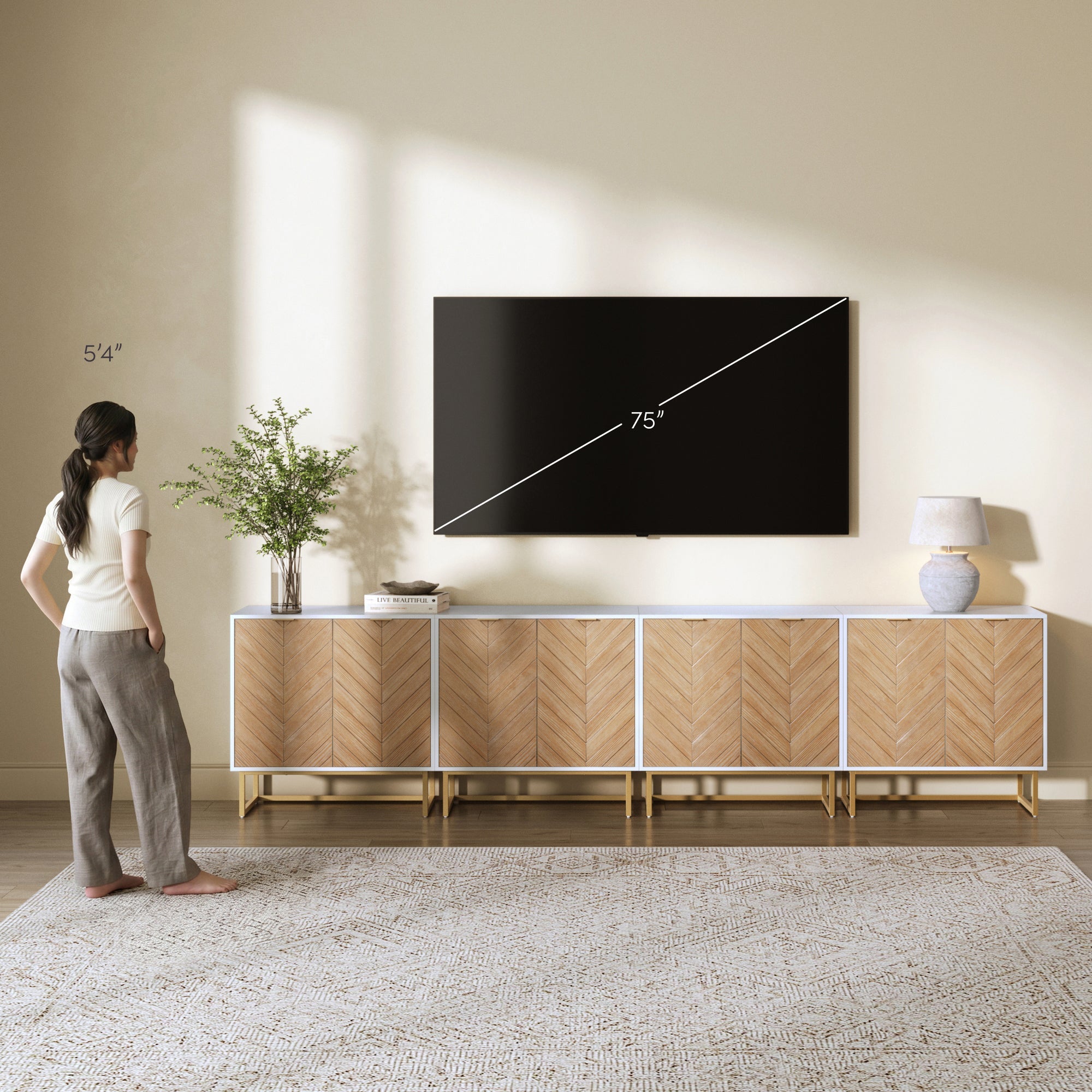 Large Herringbone Kitchen Storage Credenza White (Set of 4)