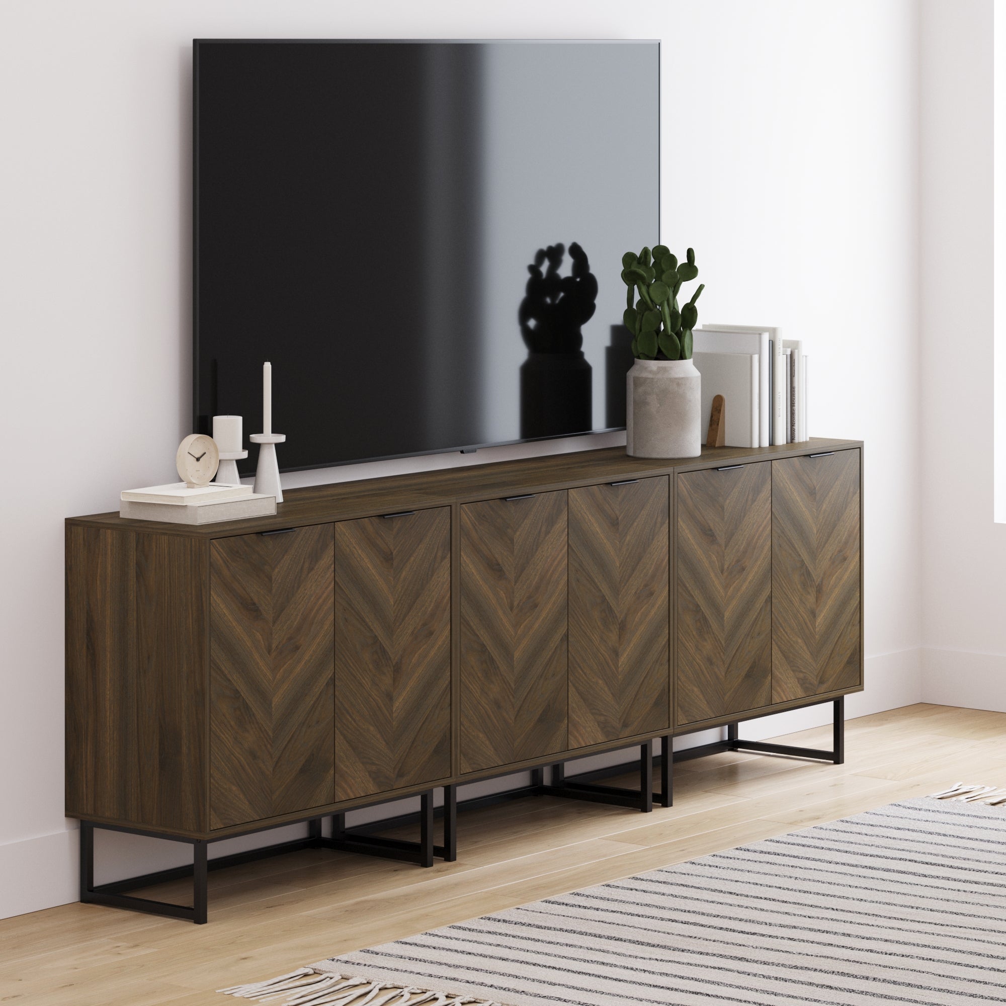 Herringbone Storage Cabinet Credenza Walnut (Set of 3)