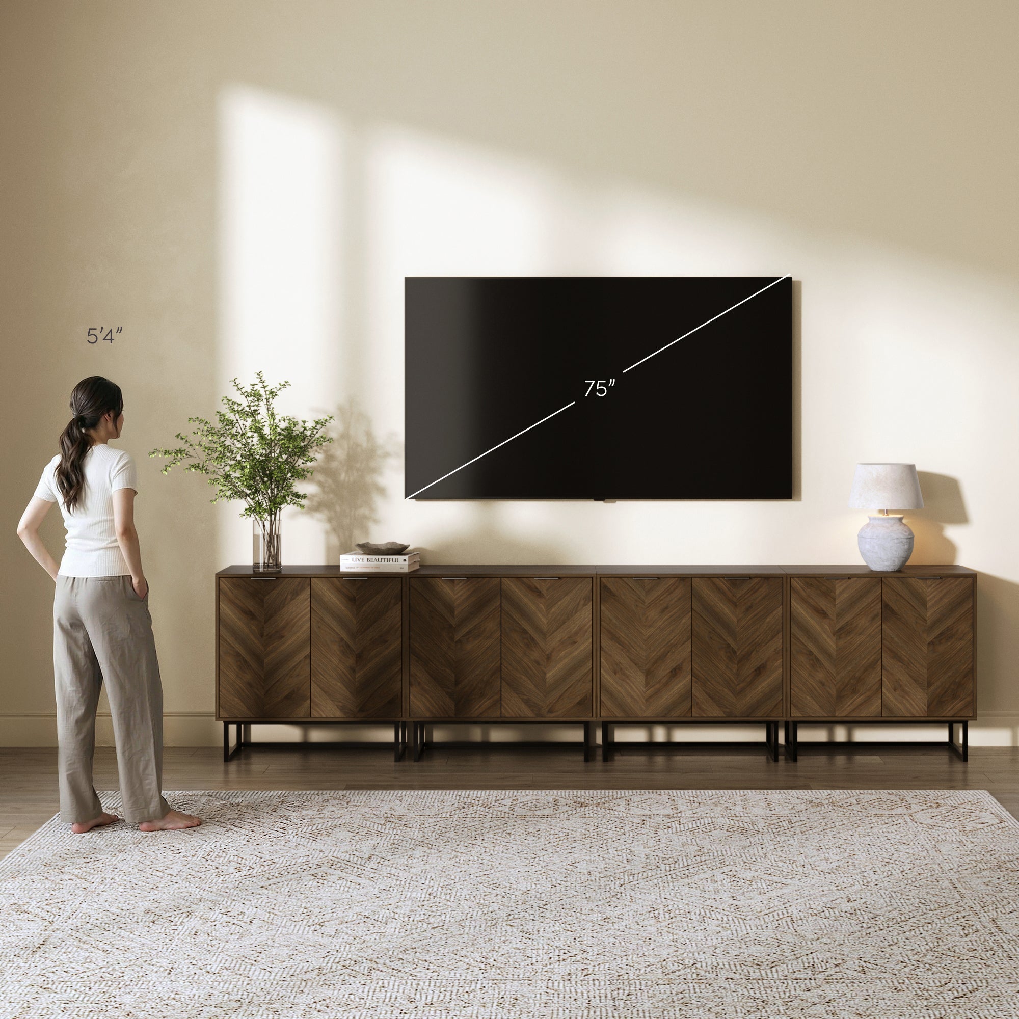 Large Herringbone Credenza Console Table Walnut (Set of 4)