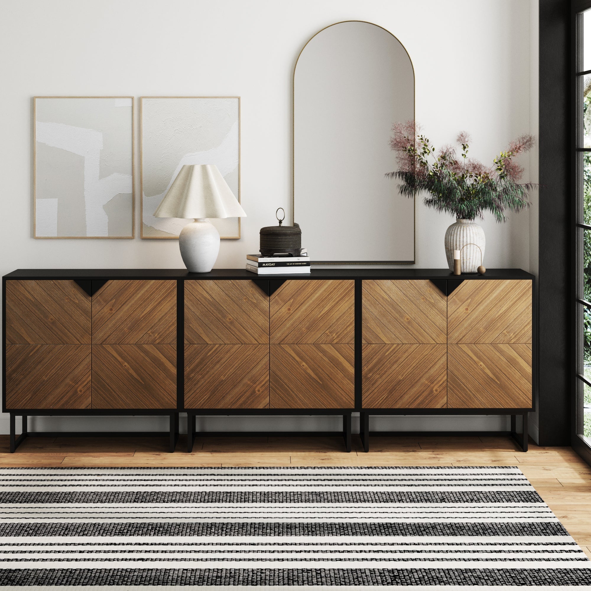 Brushed Fir Kitchen Cabinet Credenza (Set of 3)