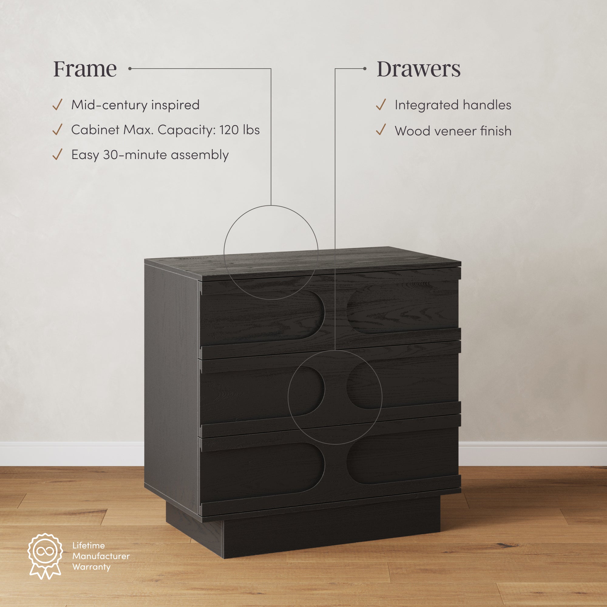 Mid-Century 3-Drawer Arched Dresser Black Oak (Set of 3)