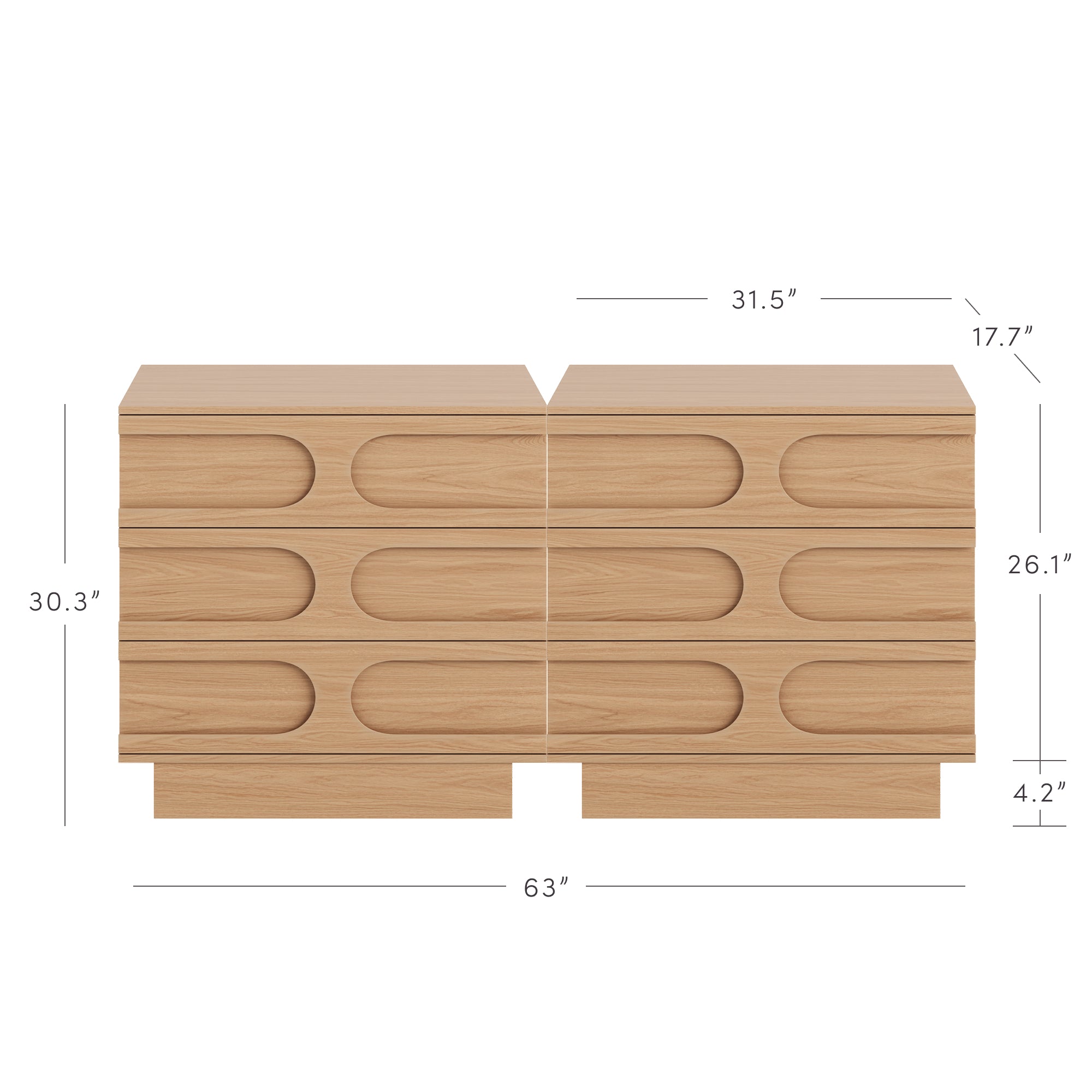 Mid-Century 3-Drawer Arched Dresser Raw Oak (Set of 2)