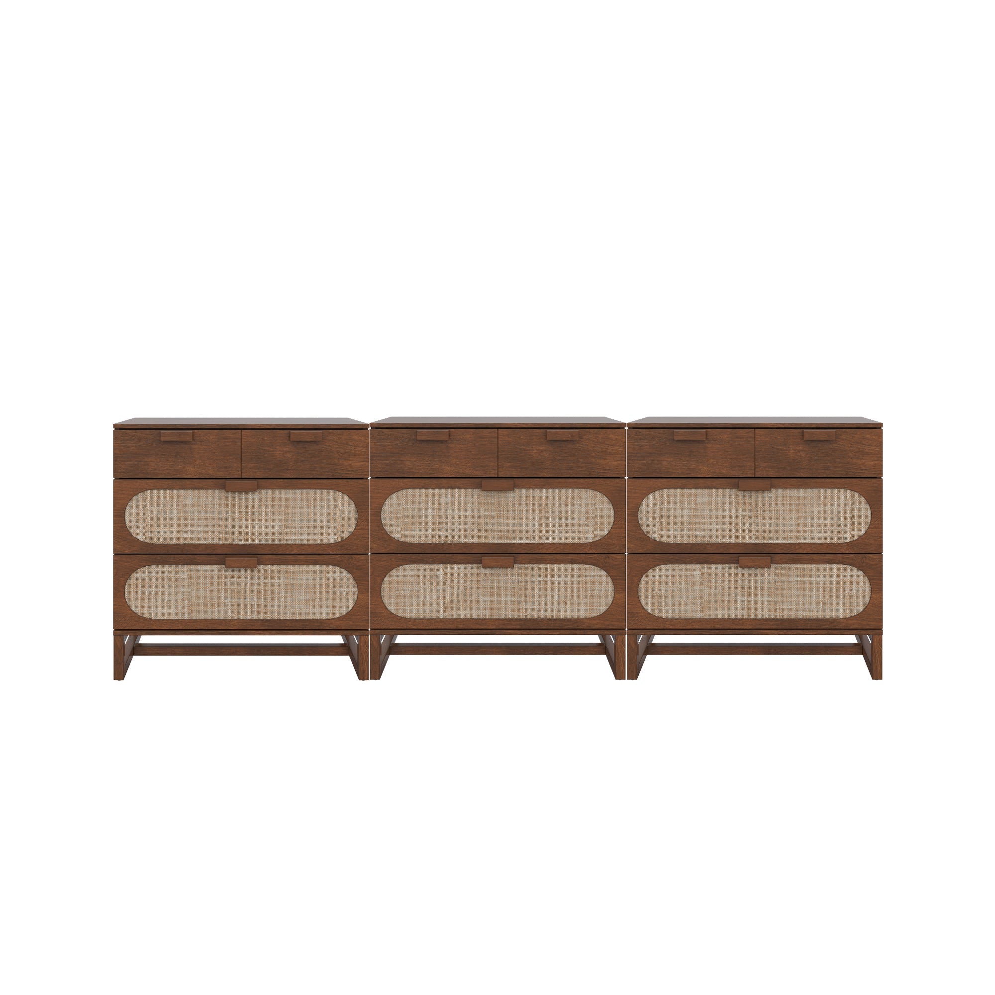 Mid-Century Rattan 3-Drawer Dressers Dark Acacia (Set of 3)