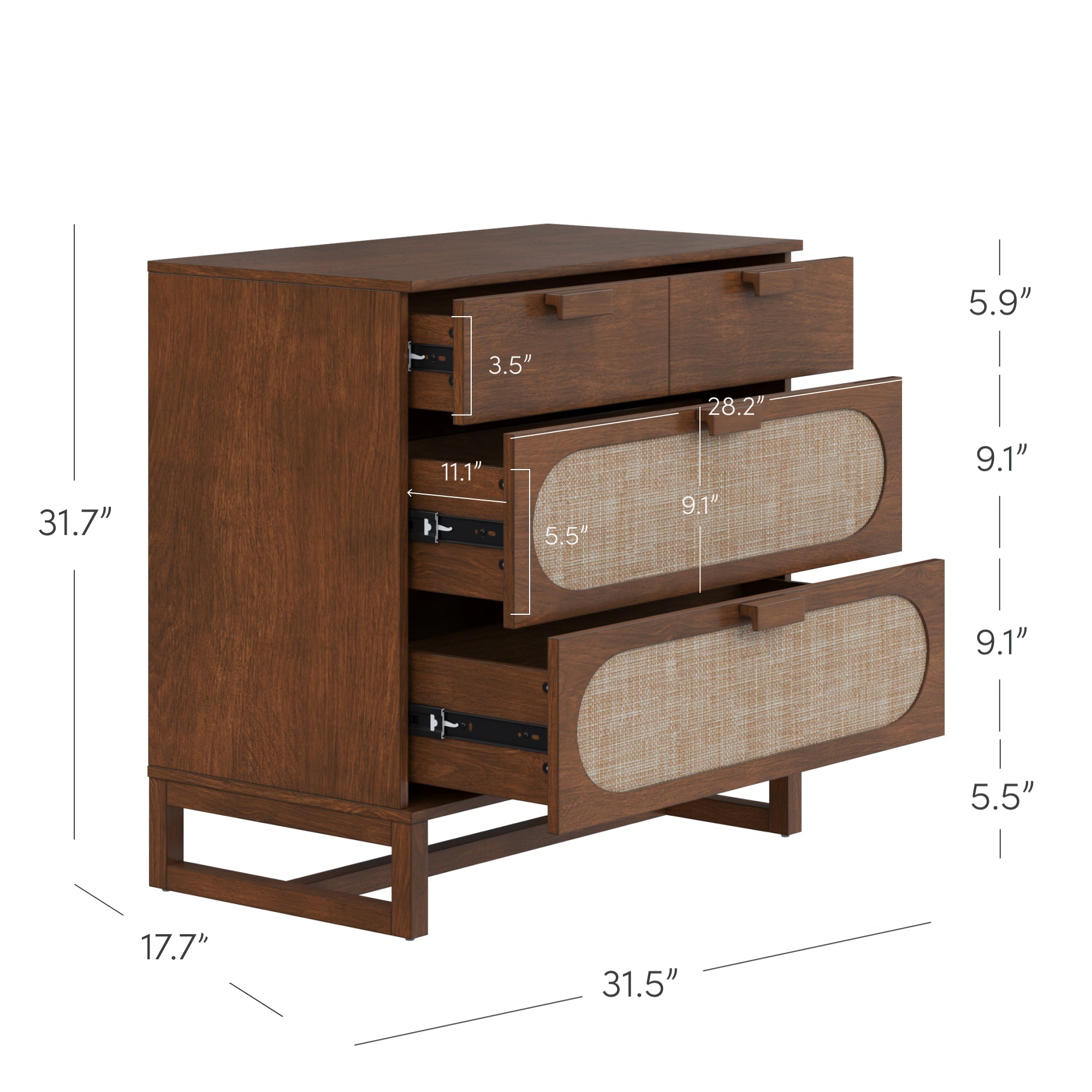 Mid-Century Rattan 3-Drawer Dressers Dark Acacia (Set of 2)