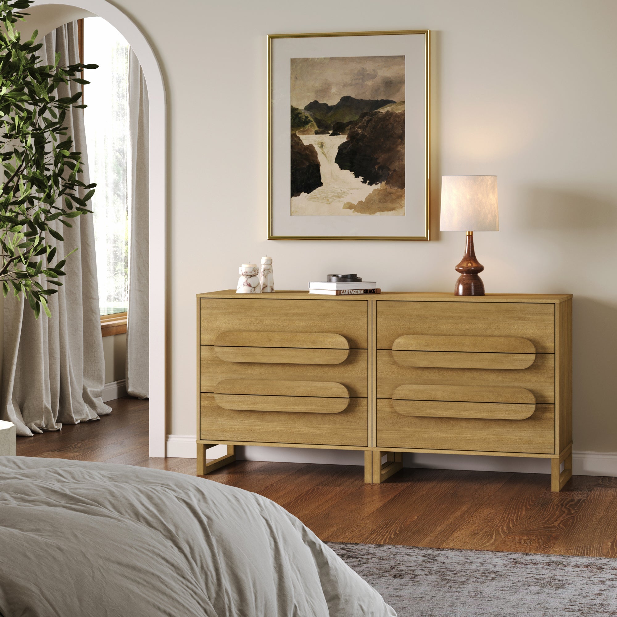 Modern Solid Wood 3-Drawer Dresser with Integrated Handles (Set of 2)