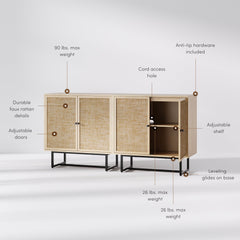 Metal and Rattan TV Stand Console for TVs up to 65" Light Oak