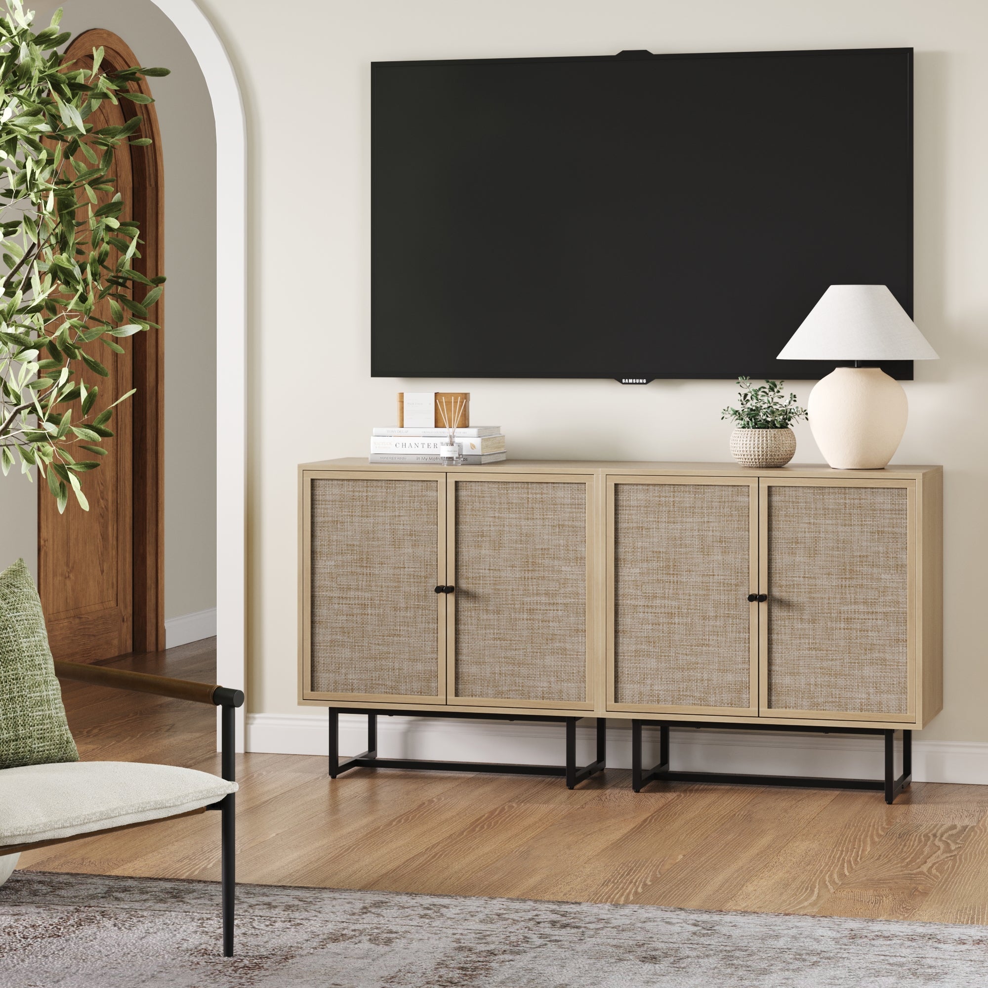 Rattan Storage Cabinet Credenza Oak (Set of 2)