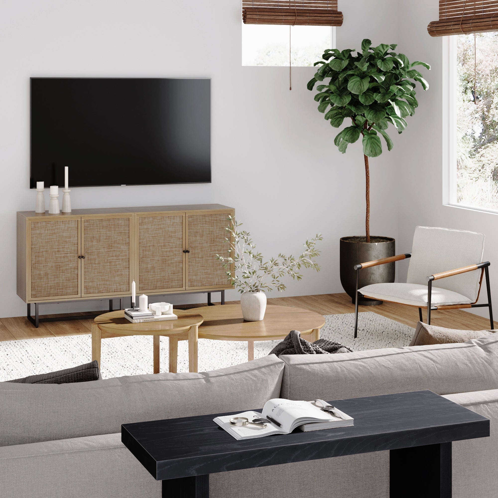 Rattan Storage Cabinet Credenza Oak (Set of 2)