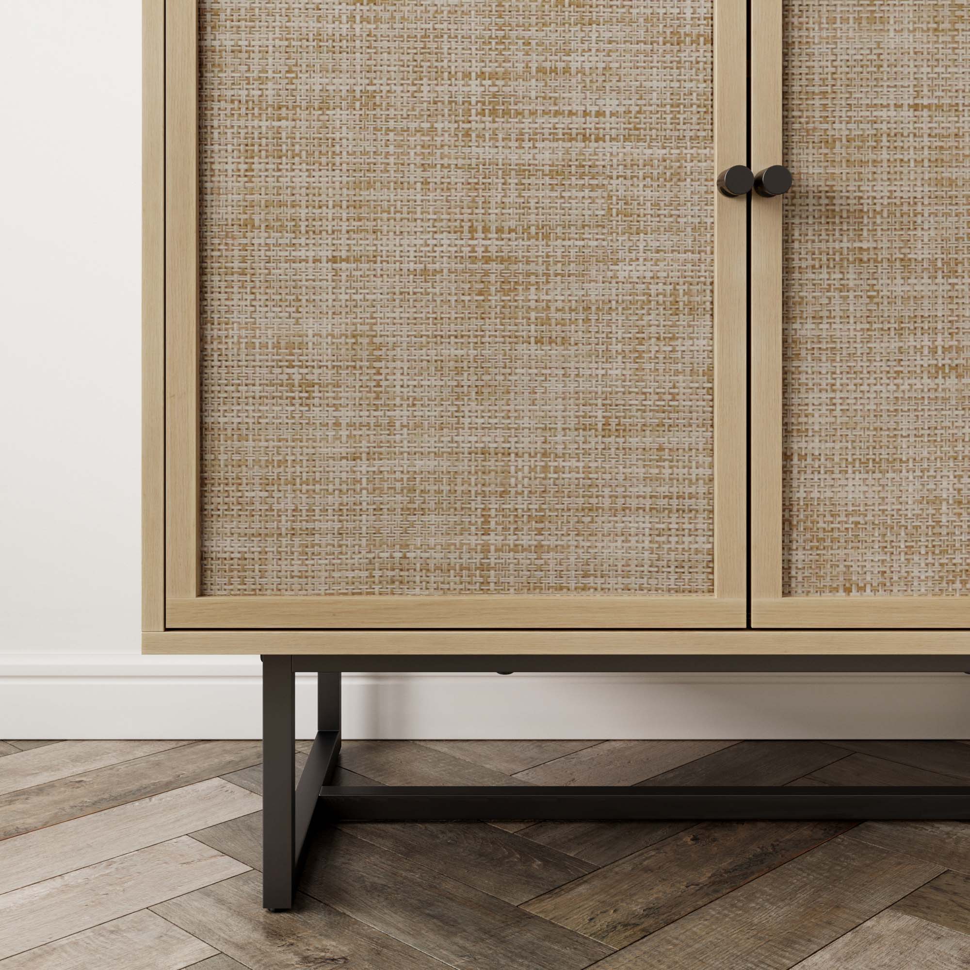 Metal and Rattan TV Stand Console for TVs up to 65" Light Oak