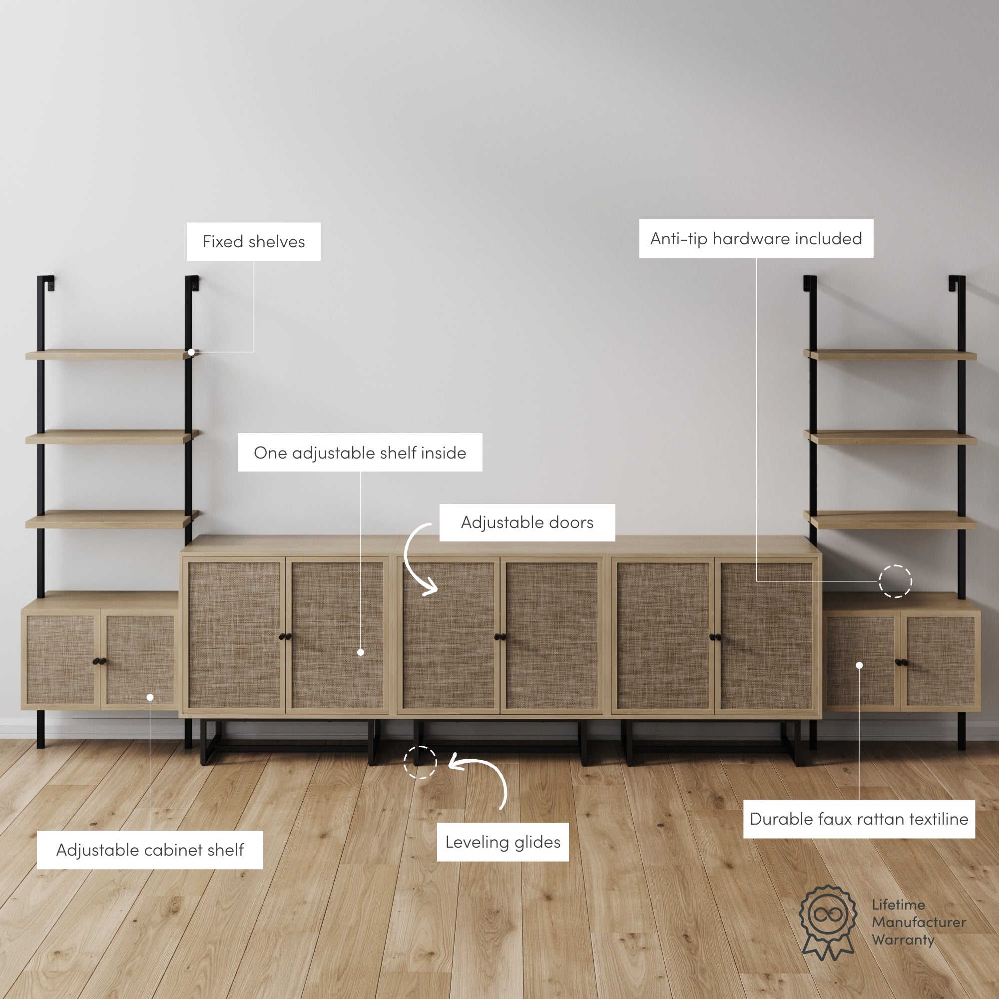 Boho Rattan Entertainment Center (3 Cabinets)