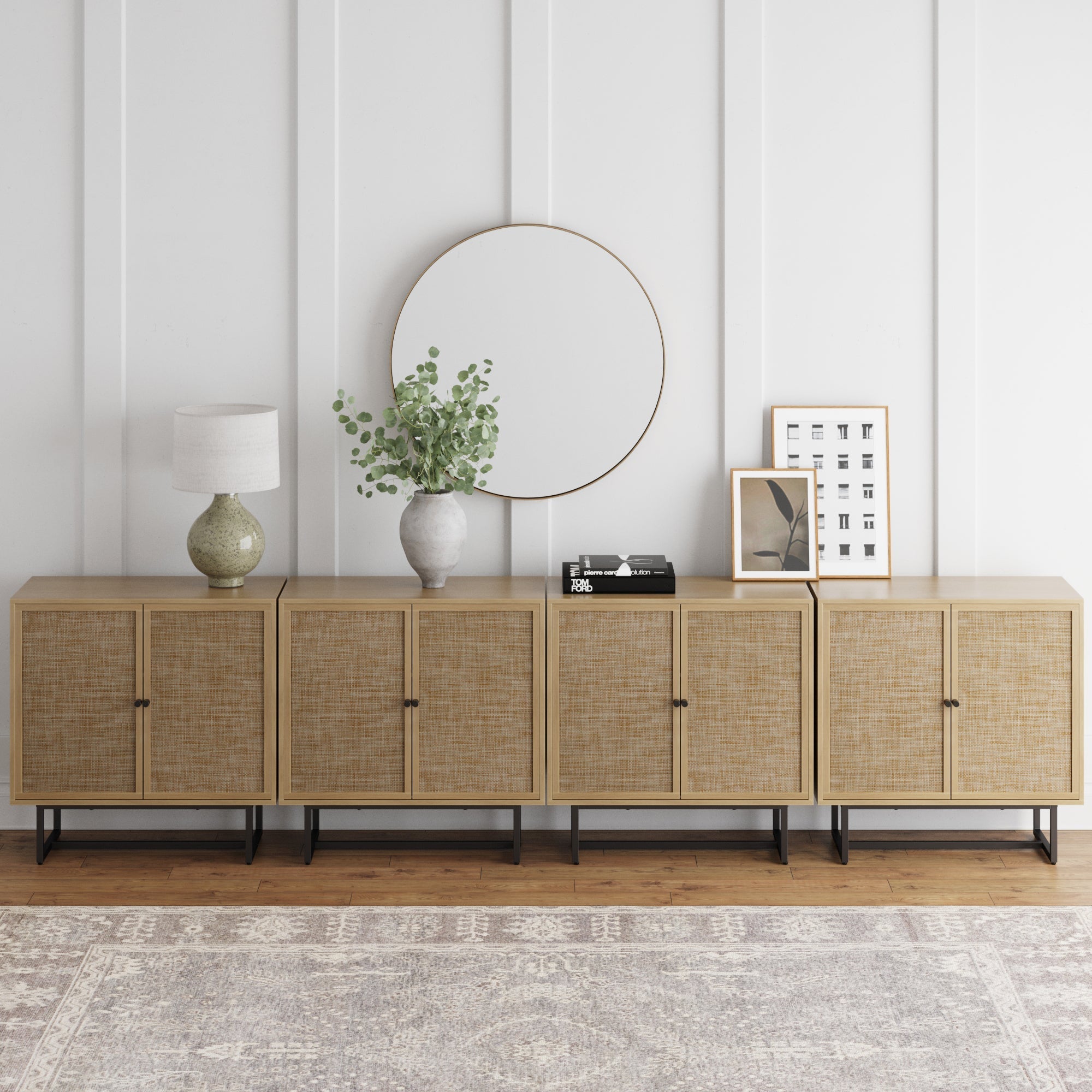 Metal and Rattan TV Stand Console for TVs up to 100" Light Oak