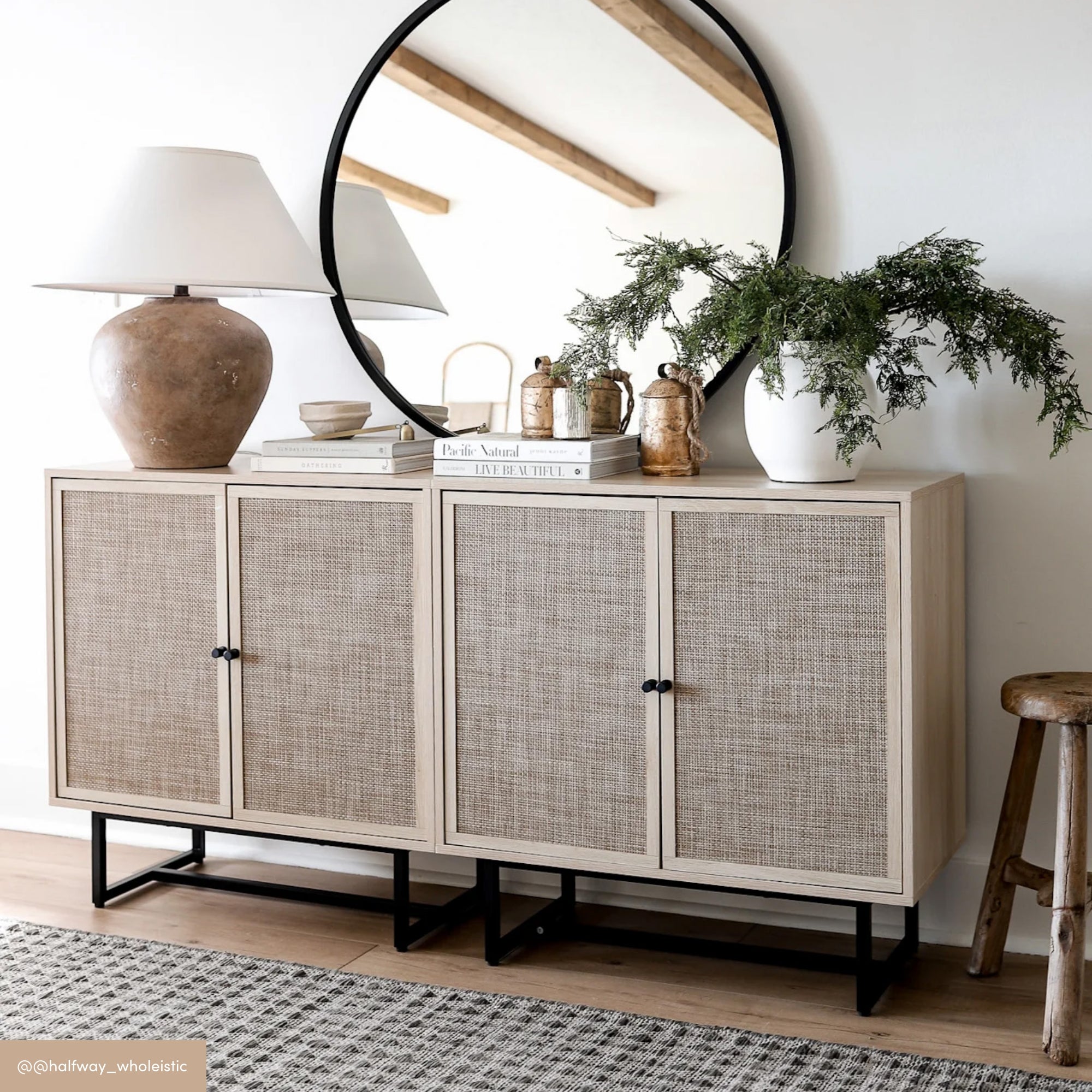 Metal and Rattan TV Stand Console for TVs up to 65" Light Oak
