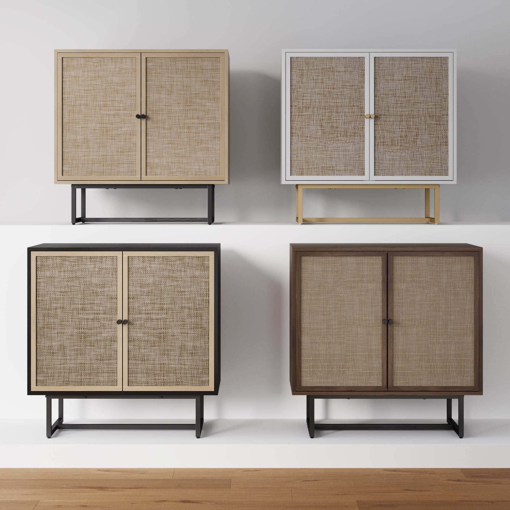 Rattan Storage Cabinet Credenza Oak (Set of 3)