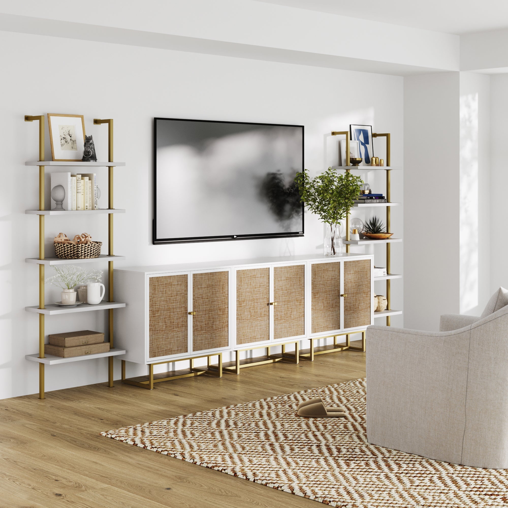 Modern Metal and Wood TV Entertainment Center with Bookcase (3 Cabinets)