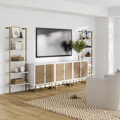 Modern Metal and Wood TV Entertainment Center with Bookcase (3 Cabinets)
