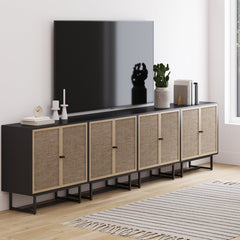 Metal and Rattan TV Stand Console for TVs up to 100" Black Oak
