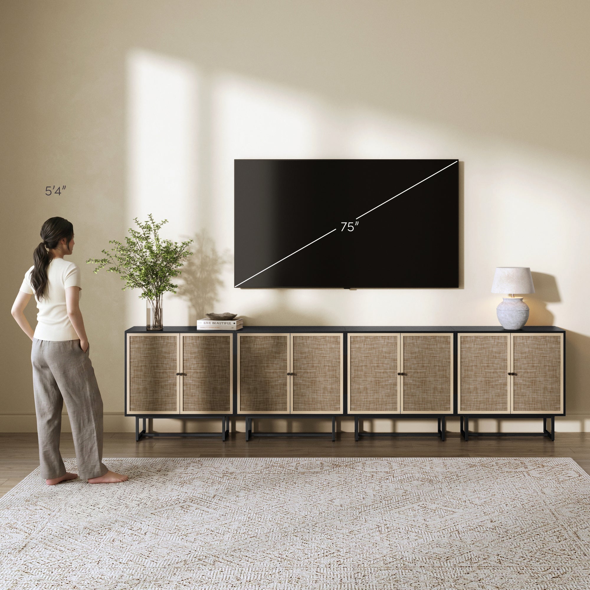 Metal and Rattan TV Stand Console for TVs up to 100" Black Oak