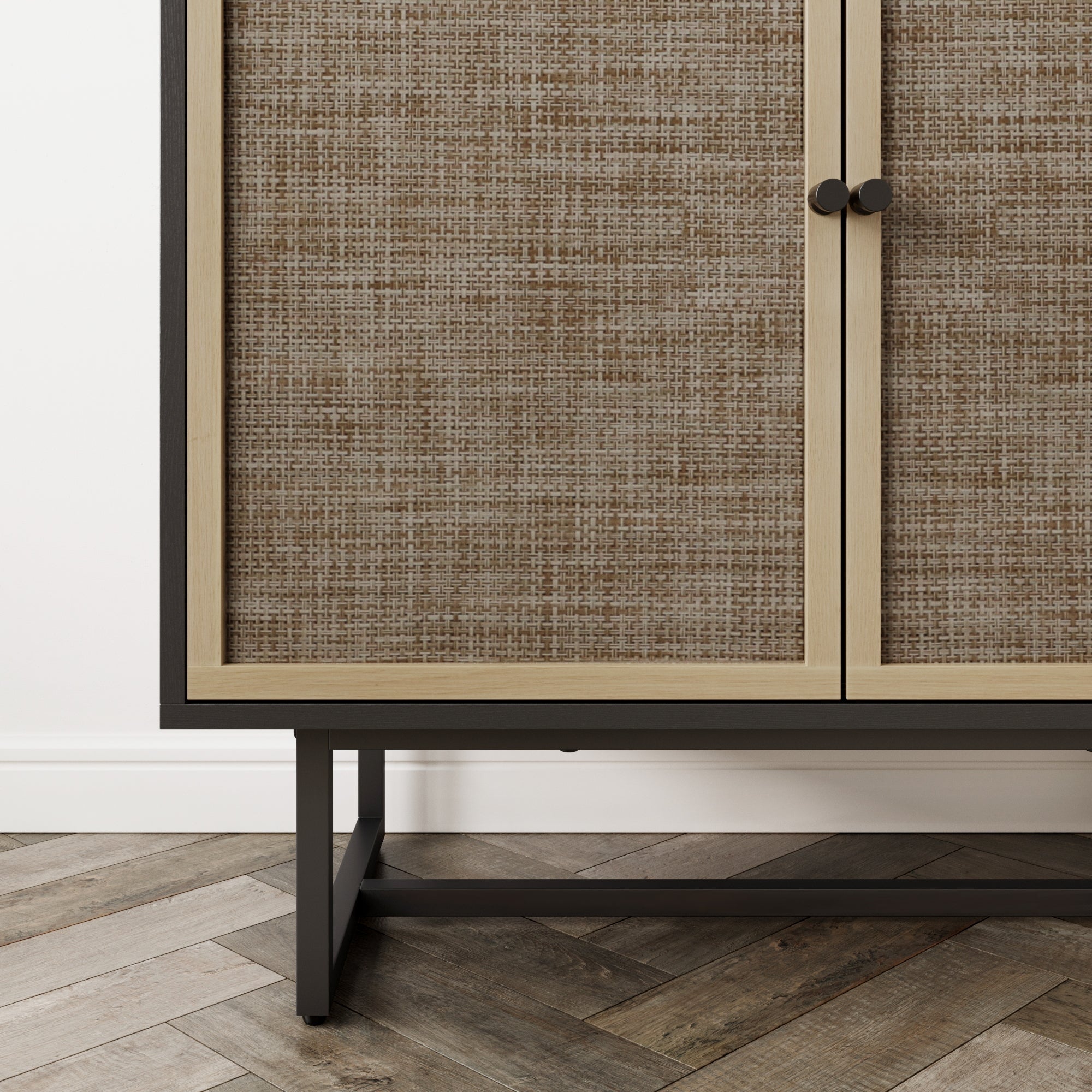 Large Rattan Credenza Console Table Black (Set of 4)
