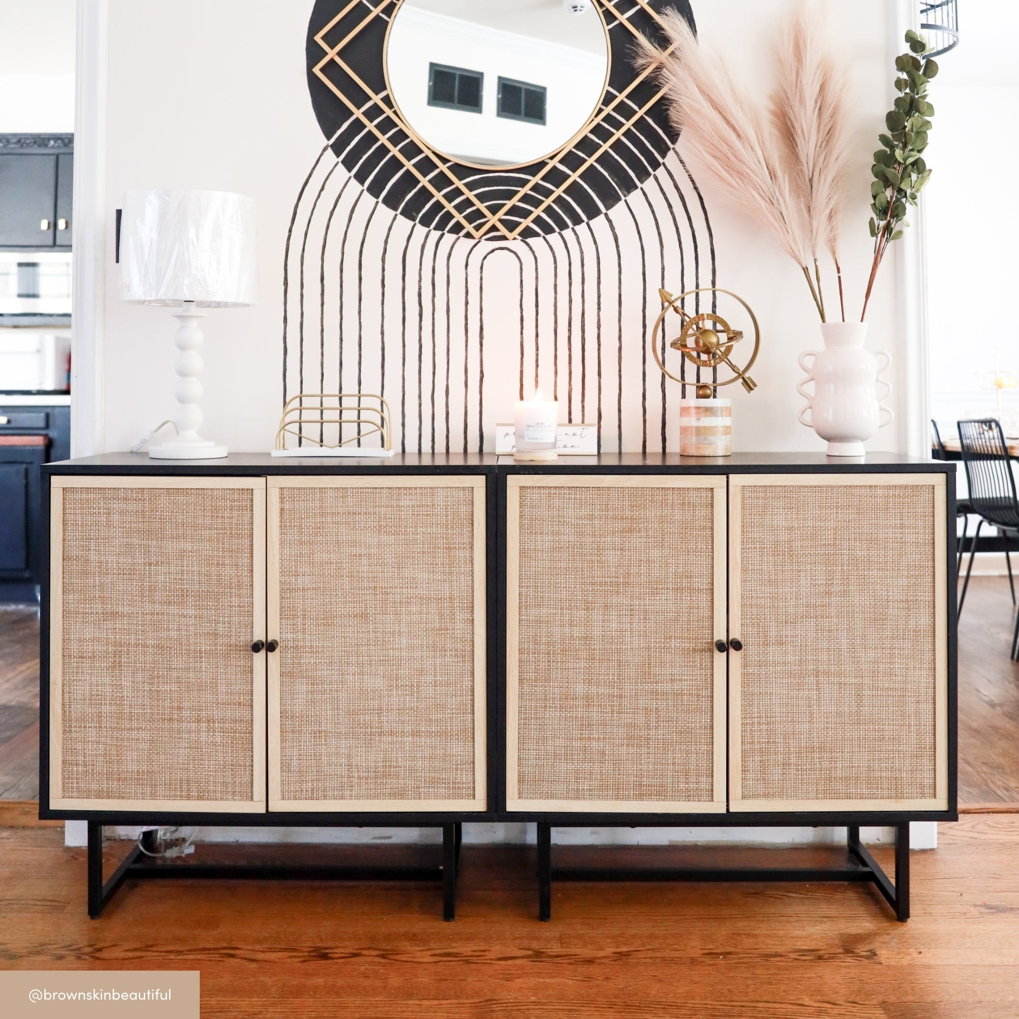 Metal and Rattan TV Stand Console for TVs up to 100" Black Oak