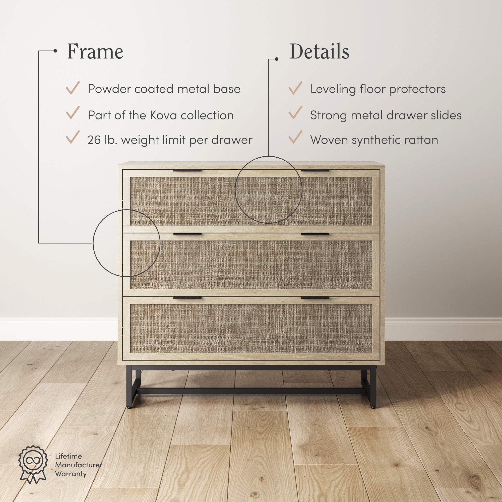 Rattan & Wood 3-Drawer Dressers Light Oak (Set of 2)