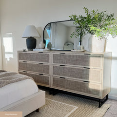 Rattan, Wood & Metal 3-Drawer Dresser Light Oak