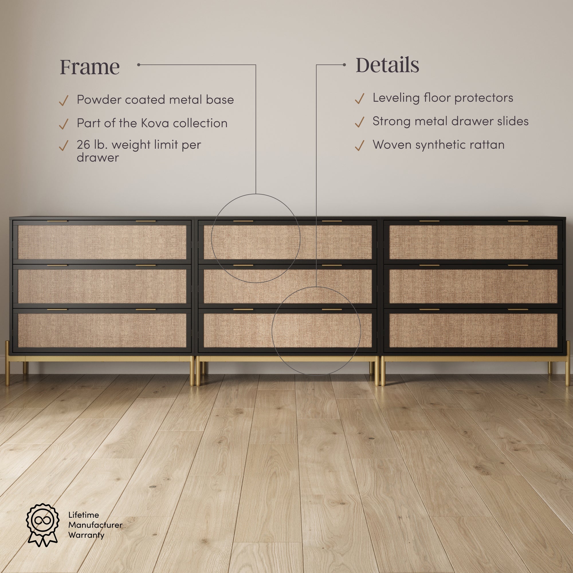 Rattan, Wood & Metal 3-Drawer Dressers Black (Set of 3)