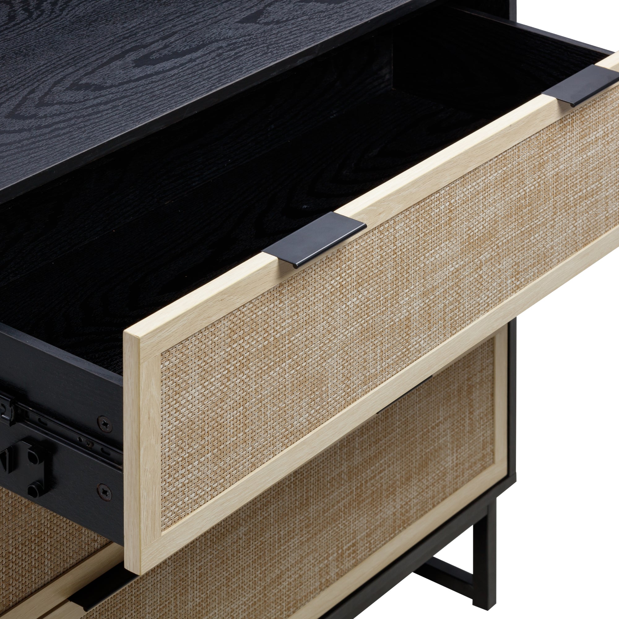 Rattan, Wood & Metal 3-Drawer Dresser Black