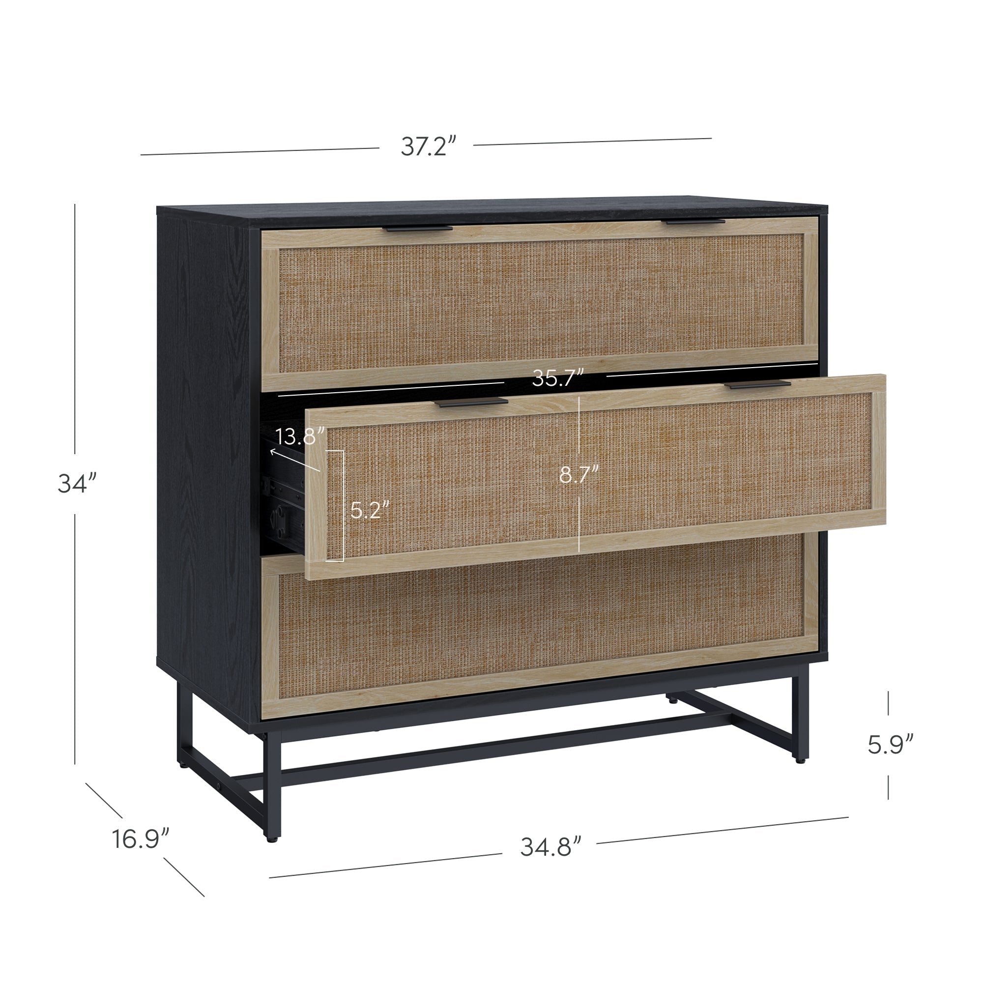 Rattan, Wood & Metal 3-Drawer Dresser Black