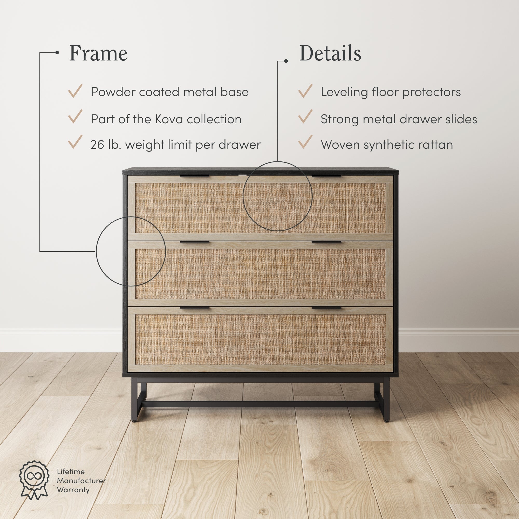 Rattan, Wood & Metal 3-Drawer Dresser Black