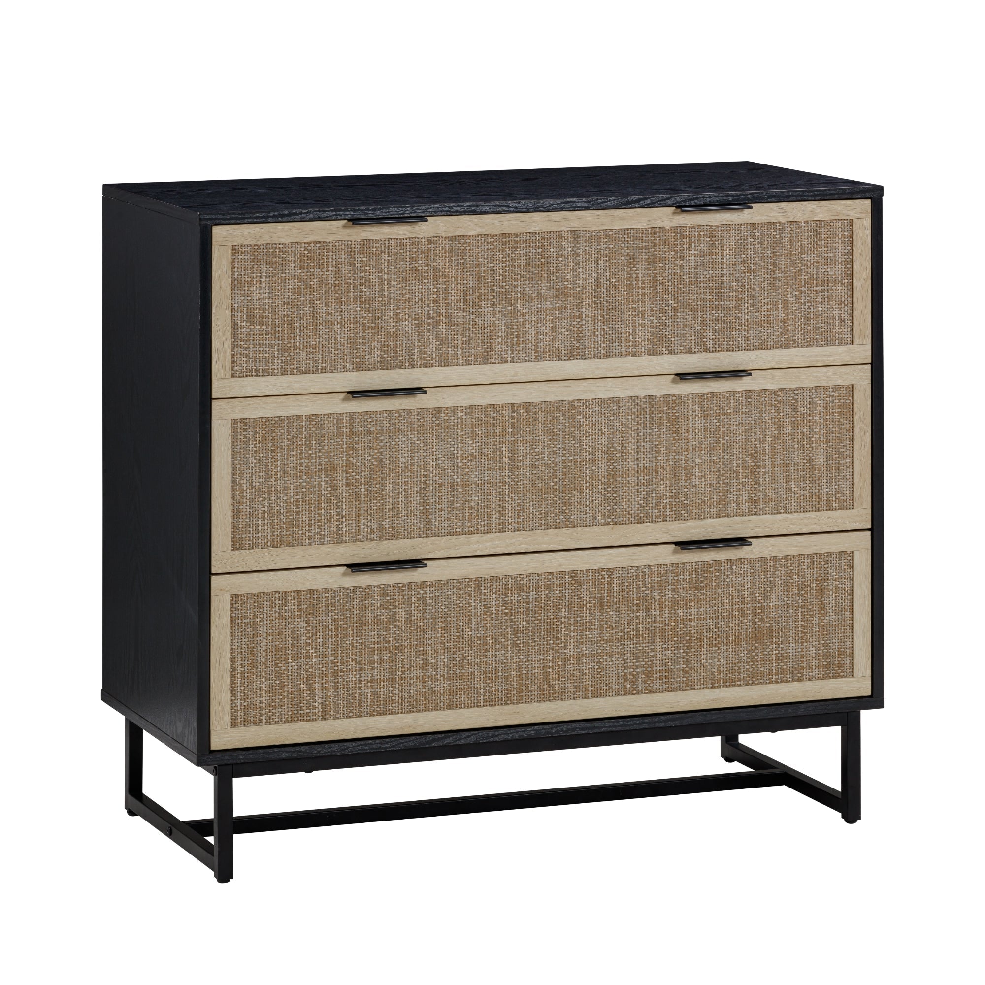 Rattan, Wood & Metal 3-Drawer Dresser Black
