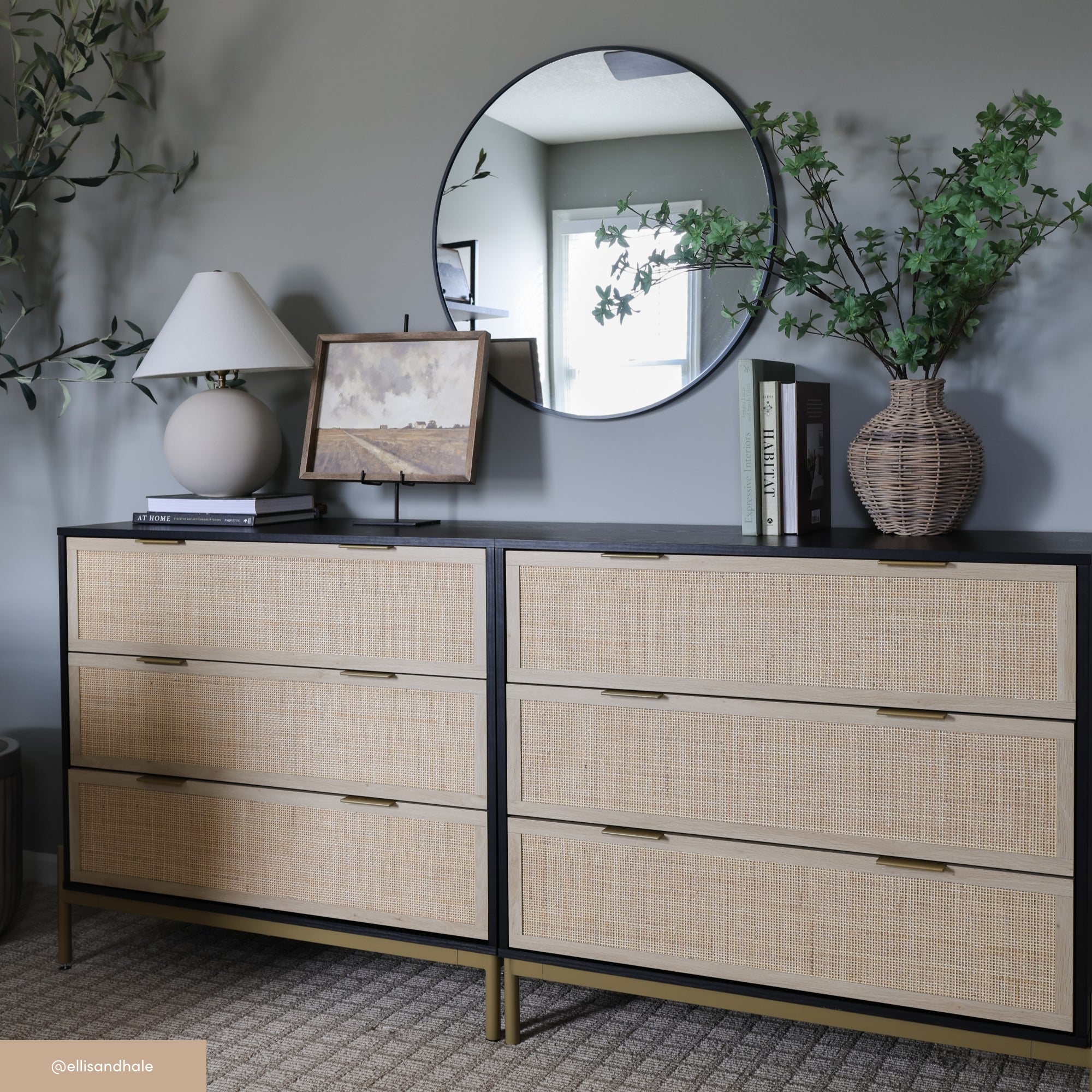 Rattan, Wood & Metal 3-Drawer Dresser Black