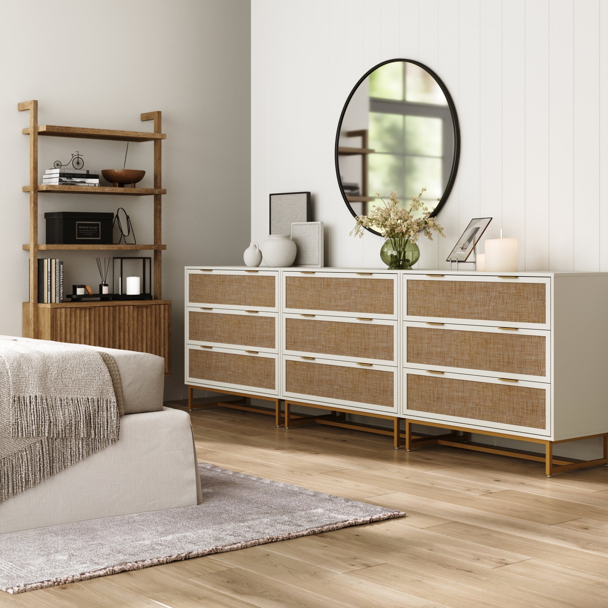 Rattan, Wood & Metal 3-Drawer Dressers White (Set of 3)
